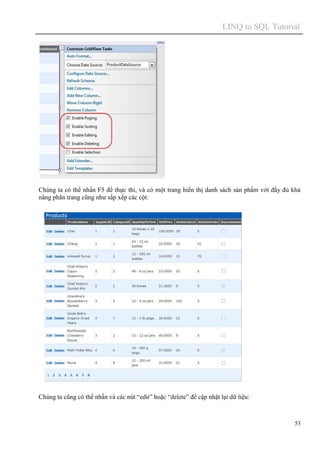 LINQ to SQL Tutorial
53
Chúng ta có thể nhấn F5 để thực thi, và có một trang hiển thị danh sách sản phẩm với đầy đủ khả
năng phân trang cũng như sắp xếp các cột:
Chúng ta cũng có thể nhấn và các nút “edit” hoặc “delete” để cập nhật lại dữ liệu:
 