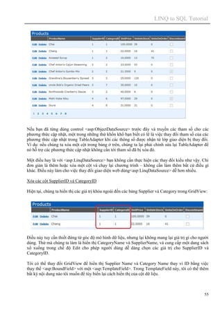 LINQ to SQL Tutorial
55
Nếu bạn đã từng dùng control <asp:ObjectDataSource> trước đây và truyền các tham số cho các
phương thức cập nhật, một trong những thứ khốn khổ bạn biết có lẽ là việc thay đổi tham số của các
phương thức cập nhật trong TableAdapter khi các thông số được nhận từ lớp giao diện bị thay đổi.
Ví dụ: nếu chúng ta xóa một cột trong bảng ở trên, chúng ta lại phải chỉnh sửa lại TableAdapter để
nó hỗ trợ các phương thức cập nhật không cần tới tham số đã bị xóa đó.
Một điều hay là với <asp:LinqDataSource> bạn không cần thực hiện các thay đổi kiểu như vậy. Chỉ
đơn giản là thêm hoặc xóa một cột và chạy lại chương trình – không cần làm thêm bất cứ điều gì
khác. Điều này làm cho việc thay đổi giao diện web dùng<asp:LinqDataSource> dễ hơn nhiều.
Xóa các cột SupplierID và CategoryID
Hiện tại, chúng ta hiển thị các giá trị khóa ngoài đến các bảng Supplier và Category trong GridView:
Điều này tuy cần thiết đứng từ góc độ mô hình dữ liệu, nhưng lại không mang lại giá trị gì cho người
dùng. Thứ mà chúng ta làm là hiển thị CategoryName và SupplierName, và cung cấp một dang sách
xổ xuống trong chế độ Edit cho phép người dùng dễ dàng chọn các giá trị cho SupplierID và
CategoryID.
Tôi có thể thay đổi GridView để hiển thị Supplier Name và Category Name thay vì ID bằng việc
thay thế <asp:BoundField> với một <asp:TemplateField>. Trong TemplateField này, tôi có thể thêm
bất kỳ nội dung nào tôi muốn để tùy biến lại cách hiển thị của cột dữ liệu.
 