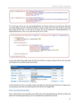 LINQ to SQL Tutorial
57
Tôi có thể quay trở lại các cột <asp:TemplateField> mà chúng ta đã tạo và tùy biến giao diện Edit
của chúng (bằng cách chỉ ra EditItemTemplate). Chúng ta cũng sẽ tùy biến mỗi cột để có một danh
sách trong chế độ Edit, và các giá trị sẽ được lấy từ các datasource CategoryDataSource và
SupplierDataSource ở trên, và các một liên hệ này sẽ là 2 chiều:
Và giờ, khi người dùng nhấp chuột lên Edit trên GridView, chúng sẽ được hiển thị như một danh
sách Supplier mà sản phẩm đang chọn kết hợp:
Và khi bạn bấm nút Save, sản phẩm sẽ được cập nhật một cách phù hợp (GridView sẽ dùng giá trị
của dòng được chọn hiện tại trong DropDownList để đưa vào SupplierID).
Bước 4: Lọc danh sách sản phẩm
Thay vì hiển thị tất cả các sản phẩm trong CSDL, bạn có thể cập nhật phần giao diện để nó thêm một
danh sách cho phép người dùng lọc lại các sản phẩm theo một phân loại nào đó.
 