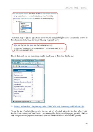 LINQ to SQL Tutorial
69
Thêm nữa, thay vì lặp qua tập kết quả như ở trên, tôi cũng có thể gắn nối nó vào cho một control để
hiển thị ra màn hình, ví dụ như tôi có thể dùng <asp:gridview>:
Khi đó danh sách các sản phẩm được mua bở khách hàng sẽ được hiển thị như sau:
5. Ánh xạ kiểu trả về của phương thức SPROC vào một lớp trong mô hình dữ liệu
Trong thủ tục CustOrderHist ở trên, thủ tục trả về một danh sách dữ liệu bao gồm 2 cột:
ProductName chứa tên và TotalNumber chứa số sản phẩm đã được đặt hàng trong quá khứ. LINQ to
SQL designer sẽ tự động tạo ra một lớp có tên CustOrderHistResult để biểu diễn kết quả này.
 