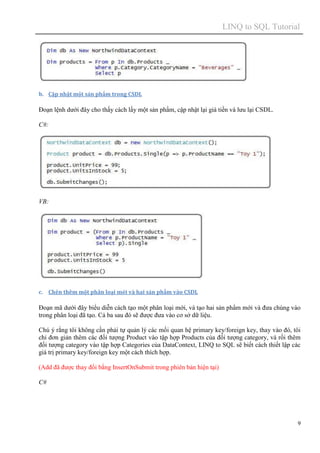 LINQ to SQL Tutorial
9
b. Cập nhật một sản phẩm trong CSDL
Đoạn lệnh dưới đây cho thấy cách lấy một sản phẩm, cập nhật lại giá tiền và lưu lại CSDL.
C#:
VB:
c. Chèn thêm một phân loại mới và hai sản phẩm vào CSDL
Đoạn mã dưới đây biểu diễn cách tạo một phân loại mới, và tạo hai sản phẩm mới và đưa chúng vào
trong phân loại đã tạo. Cả ba sau đó sẽ được đưa vào cơ sở dữ liệu.
Chú ý rằng tôi không cần phải tự quản lý các mối quan hệ primary key/foreign key, thay vào đó, tôi
chỉ đơn giản thêm các đối tượng Product vào tập hợp Products của đối tượng category, và rồi thêm
đối tượng category vào tập hợp Categories của DataContext, LINQ to SQL sẽ biết cách thiết lập các
giá trị primary key/foreign key một cách thích hợp.
(Add đã được thay đổi bằng InsertOnSubmit trong phiên bản hiện tại)
C#
 