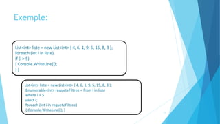 Exemple:
List<int> liste = new List<int> { 4, 6, 1, 9, 5, 15, 8, 3 };
foreach (int i in liste)
if (i > 5)
{ Console.WriteLine(i);
} }
List<int> liste = new List<int> { 4, 6, 1, 9, 5, 15, 8, 3 };
IEnumerable<int> requeteFiltree = from i in liste
where i > 5
select i;
foreach (int i in requeteFiltree)
{ Console.WriteLine(i); }
11
 