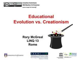 Educational
Evolution vs. Creationism
Rory McGreal
LINQ 13
Rome
Creative Commons
Attribution 3.0 License
(some images fair dealing)
 