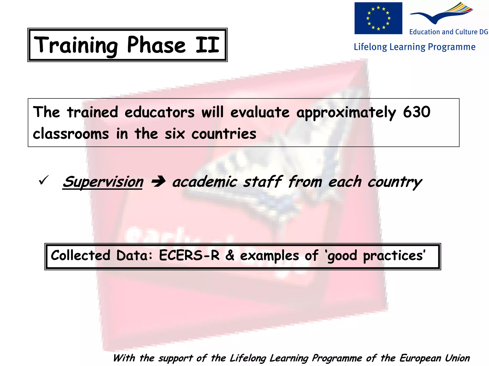 The trained educators will evaluate approximately 630
classrooms in the six countries
Collected Data: ECERS-R & examples of ‘good practices’
Training Phase IΙ
 Supervision  academic staff from each country
With the support of the Lifelong Learning Programme of the European Union
 