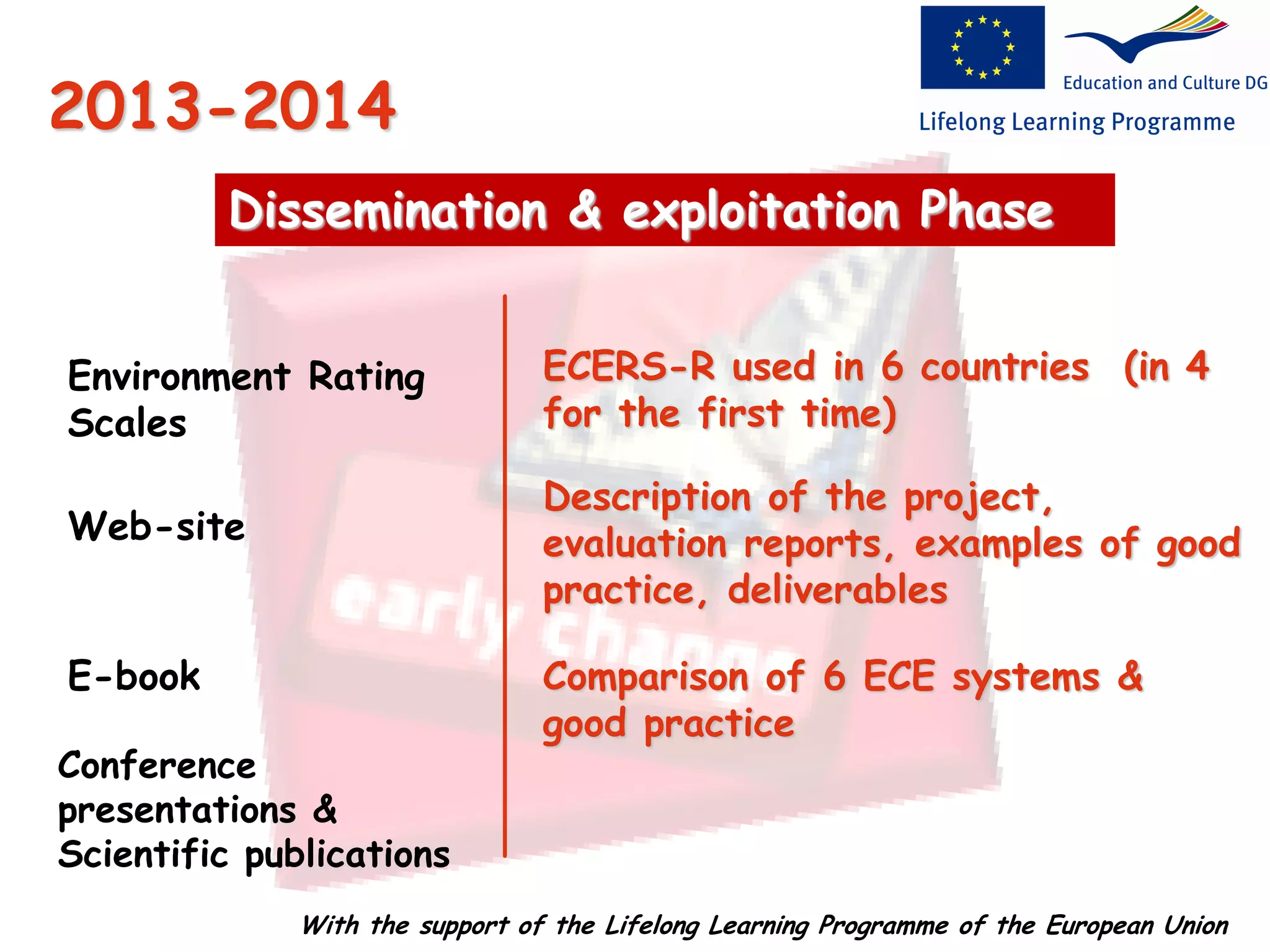 Environment Rating
Scales
Web-site
Conference
presentations &
Scientific publications
E-book
ECERS-R used in 6 countries (in 4
for the first time)
Description of the project,
evaluation reports, examples of good
practice, deliverables
Comparison of 6 ECE systems &
good practice
2013-2014
Dissemination & exploitation Phase
With the support of the Lifelong Learning Programme of the European Union
 