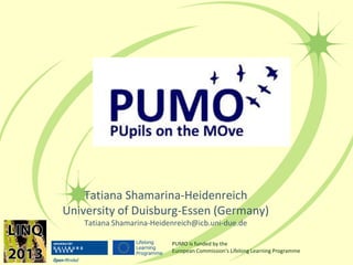 Tatiana Shamarina-Heidenreich
University of Duisburg-Essen (Germany)
Tatiana Shamarina-Heidenreich@icb.uni-due.de
PUMO is funded by the
European Commission's Lifelong Learning Programme
 