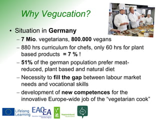 Why Vegucation?
• Situation in Germany
– 7 Mio. vegetarians, 800.000 vegans
– 880 hrs curriculum for chefs, only 60 hrs for plant
based products = 7 % !
– 51% of the german population prefer meat-
reduced, plant based and natural diet
– Necessity to fill the gap between labour market
needs and vocational skills
– development of new competences for the
innovative Europe-wide job of the “vegetarian cook”
 