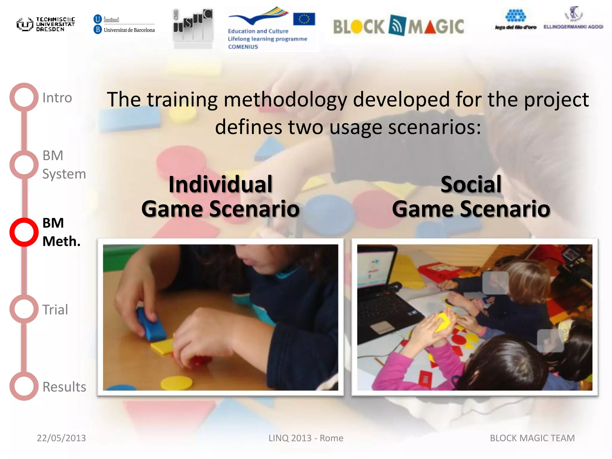 22/05/2013 LINQ 2013 - Rome BLOCK MAGIC TEAM
Intro
BM
System
BM
Meth.
Trial
Results
The training methodology developed for the project
defines two usage scenarios:
Individual
Game Scenario
Social
Game Scenario
 