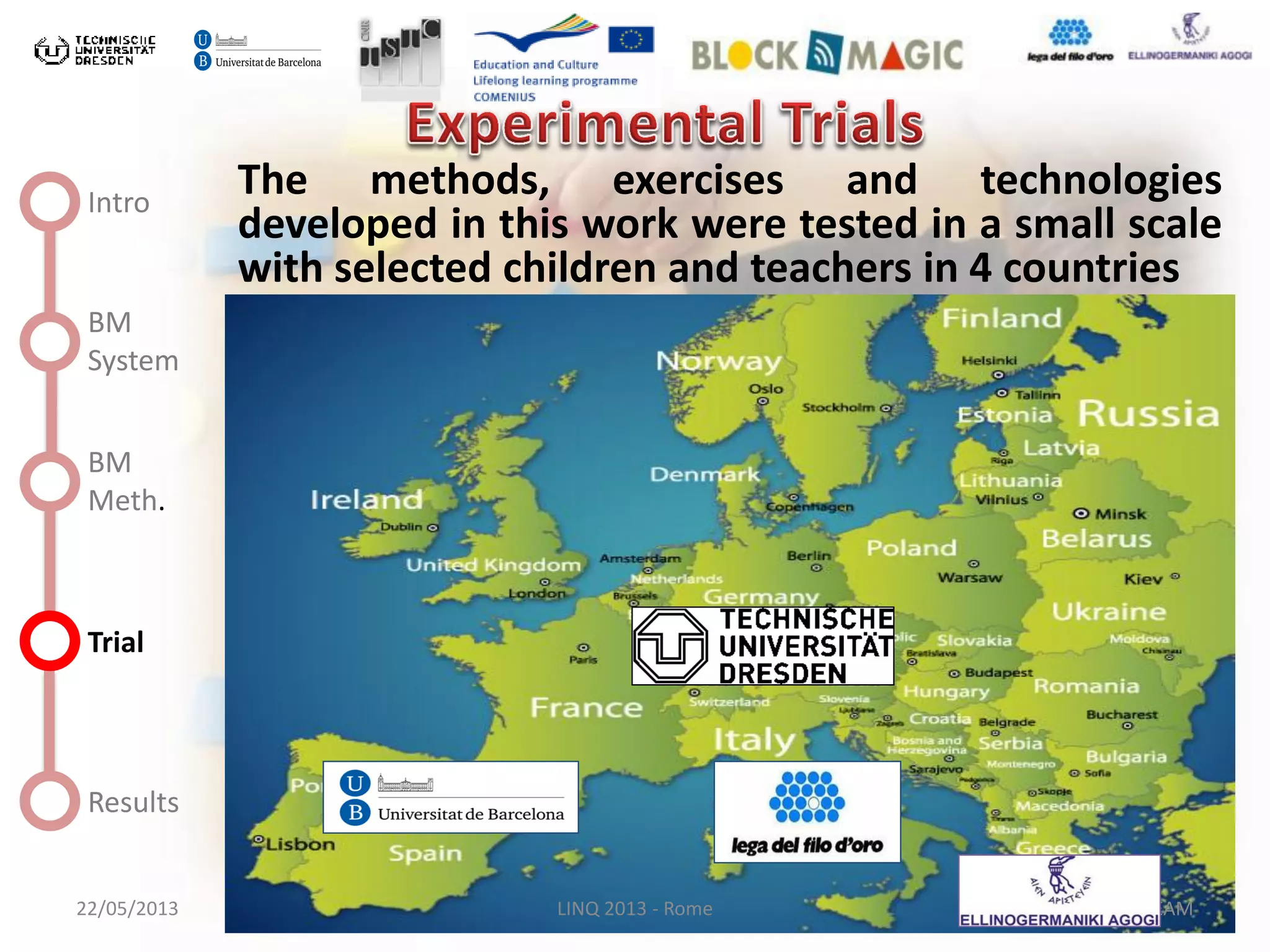 22/05/2013 LINQ 2013 - Rome BLOCK MAGIC TEAM
Intro
BM
System
BM
Meth.
Trial
Results
The methods, exercises and technologies
developed in this work were tested in a small scale
with selected children and teachers in 4 countries
 