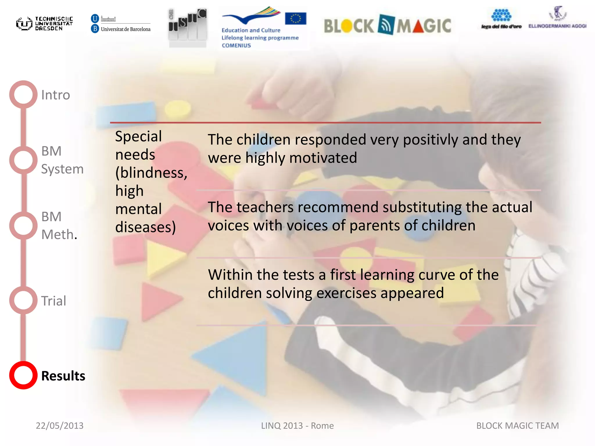 22/05/2013 LINQ 2013 - Rome BLOCK MAGIC TEAM
Intro
BM
System
BM
Meth.
Trial
Results
Special
needs
(blindness,
high
mental
diseases)
The children responded very positivly and they
were highly motivated
The teachers recommend substituting the actual
voices with voices of parents of children
Within the tests a first learning curve of the
children solving exercises appeared
 