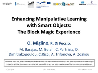 Enhancing Manipulative Learning
with Smart Objects:
The Block Magic Experience
O. Miglino, R. Di Fuccio,
M. Barajas, M. Belafi, C. Partrizia, D.
Dimitrakopoulou, C.Ricci, A. Trifonova, A. Zoakou
22/05/2013 LINQ 2013 - Rome BLOCK MAGIC TEAM
Disclaimer note: This project has been funded with support from the European Commission. This publication reflects the views only of
the author, and the Commission. cannot be held responsible for any use which may be made of the information contained therein.
 