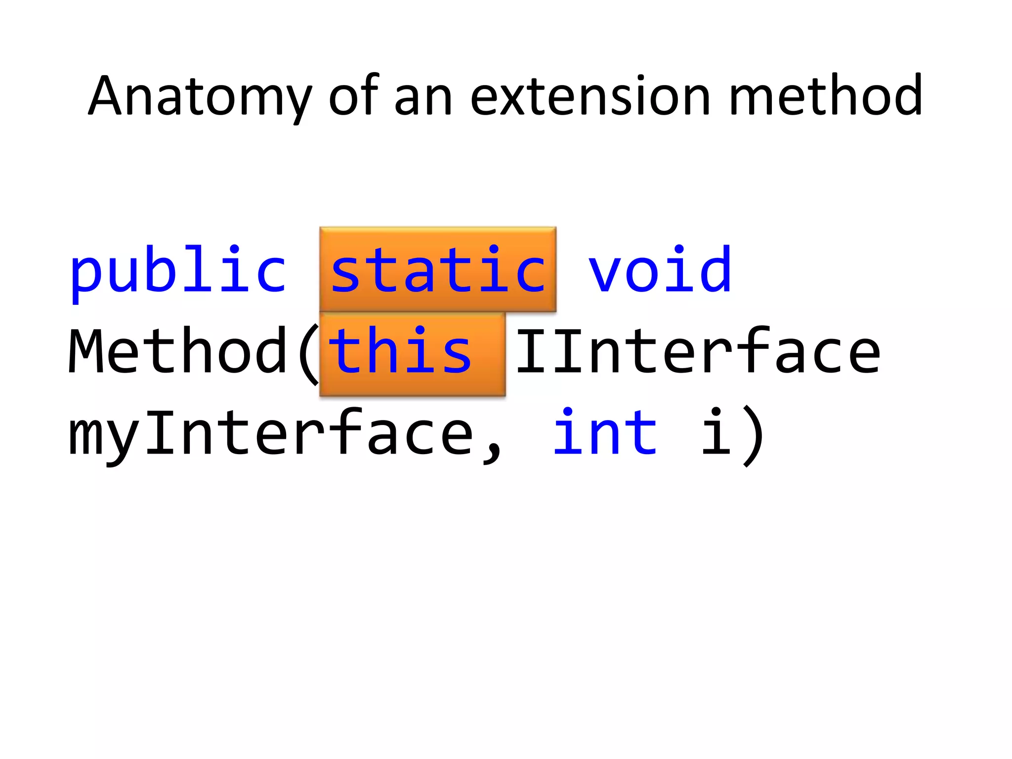 Anatomy of an extension method

public static void
Method(this IInterface
myInterface, int i)
 