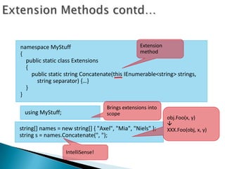 namespace MyStuff                              Extension
{                                              method
  public static class Extensions
  {
    public static string Concatenate(this IEnumerable<string> strings,
      string separator) {…}
  }
}

                                    Brings extensions into
  using MyStuff;                    scope
                                                             obj.Foo(x, y)
                                                             
string[] names = new string[] { "Axel", "Mia", "Niels" };    XXX.Foo(obj, x, y)
string s = names.Concatenate(", ");

                   IntelliSense!
 