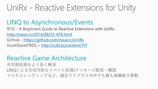 LINQ to Asynchronous/Events 
http://neue.cc/2014/08/23_476.htmlhttps://github.com/neuecc/UniRxhttp://u3d.as/content/7tT 
Reactive Game Architecture  