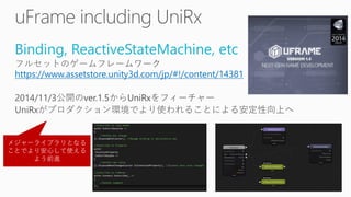 Binding, ReactiveStateMachine, etchttps://www.assetstore.unity3d.com/jp/#!/content/14381 
メジャーライブラリとなる ことでより安心して使える よう前進  
