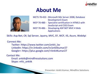 Presenter: Ankit Kumar, Mindfire Solutions
About Me
MCTS 70-433 - Microsoft SQL Server 2008, Database
Development-Exam
MCP 70-480 - Specialist certification in HTML5 with
JavaScript and CSS3 Exam
MCP 70-486 - Developing ASP.NET MVC 4 Web
Applications
Skills: Asp.Net, C#, Sql Server, Jquery, MVC, EF, WCF, IIS, Azure, WebApi
Connect Me:
Twitter: https://www.twitter.com/ankit_lav
LinkedIn: https://in.linkedin.com/in/ankitkumar27
Google+: https://plus.google.com/+AnkitKumar27
Contact Me:
Email: ankitk@mindfiresolutions.com
Skype: mfsi_ankitk
 