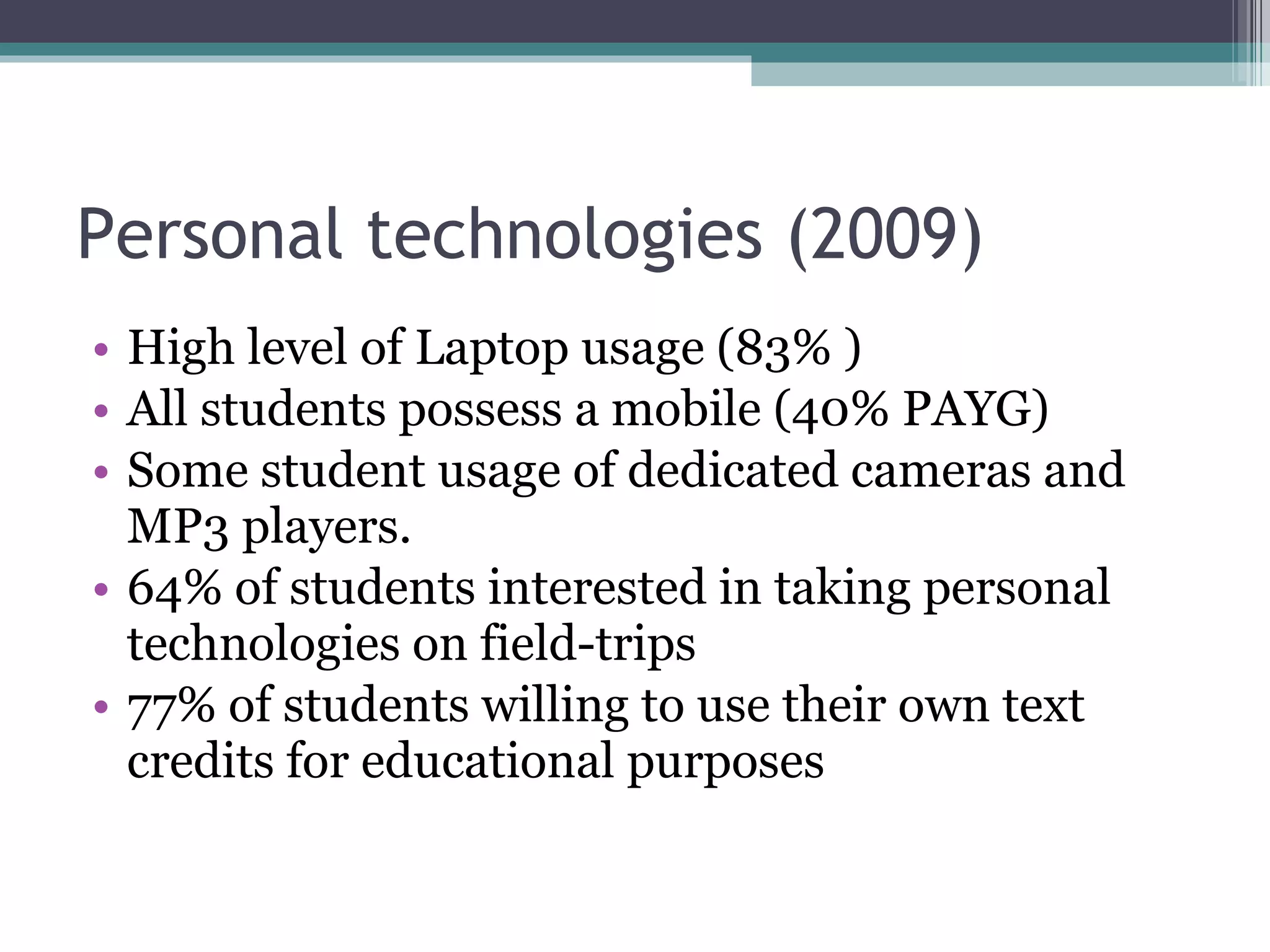 Personal technologies (2009) High level of Laptop usage (83% ) All students possess a mobile (40% PAYG) Some student usage of dedicated cameras and MP3 players. 64% of students interested in taking personal technologies on field-trips 77% of students willing to use their own text credits for educational purposes 