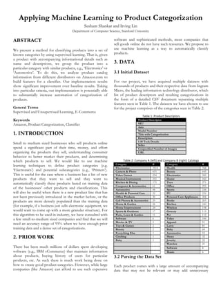Applying Machine Learning to Product Categorization
                                                Sushant Shankar and Irving Lin
                                        Department of Computer Science, Stanford University

ABSTRACT                                                            software and sophisticated methods, most companies that
                                                                    sell goods online do not have such resources. We propose to
We present a method for classifying products into a set of          use machine learning as a way to automatically classify
known categories by using supervised learning. That is, given       products.
a product with accompanying informational details such as
name and descriptions, we group the product into a                  3. DATA
particular category with similar products, e.g., ‘Electronics’ or
‘Automotive’. To do this, we analyze product catalog                3.1 Initial Dataset
information from different distributors on Amazon.com to
build features for a classifier. Our implementation results         For our project, we have acquired multiple datasets with
show significant improvement over baseline results. Taking          thousands of products and their respective data from Ingram
into particular criteria, our implementation is potentially able    Micro, the leading information technology distributor, which
to substantially increase automation of categorization of           list of product descriptors and resulting categorizations in
products.                                                           the form of a detailed CSV document separating multiple
                                                                    features seen in Table 1. The datasets we have chosen to use
General Terms                                                       for the project comprises of the categories seen in Table 2.
Supervised and Unsupervised Learning, E-Commerce
                                                                                                     Table	
  1:	
  Product	
  Descriptors	
  
Keywords                                                                                        Product Descriptor
Amazon, Product Categorization, Classifier                                                      SKU
                                                                                                Asin
                                                                                                Model Number
1. INTRODUCTION                                                                                 Title with Categorization
                                                                                                Description
                                                                                                1-10 Tech Details
Small to medium sized businesses who sell products online                                       Seller
spend a significant part of their time, money, and effort                                       Unspecified Number of Images
organizing the products they sell, understanding consumer                                       URL
behavior to better market their products, and determining           	
  
which products to sell. We would like to use machine                            Table	
  2:	
  Company	
  A	
  (left)	
  and	
  Company	
  B	
  (right)	
  Catalogs	
  
                                                                           Category                              #               Category                                 #
learning techniques to define product categories (e.g.
                                                                           Electronics                           3514            Health                                   768
‘Electronics’) and potential subcategories (e.g., ‘Printers’).             Camera & Photo                        653             Beauty                                   645
This is useful for the case where a business has a list of new             Video Games                           254             Electronics                              585
products that they want to sell and they want to                           Musical Instruments                   212             Home                                     542
automatically classify these products based on training data               Kitchen & Dining                      173             Toys                                     271
                                                                           Computer & Accessories                61              Office                                   255
of the businesses’ other products and classifications. This                Automotive                            48              Sports                                   238
will also be useful when there is a new product line that has              Health & Personal Care                32              PC                                       232
not been previously introduced in the market before, or the                Office Products                       30              Personal Care Appliances                 204
products are more densely populated than the training data                 Cell Phones & Accessories             29              Books                                    203
                                                                           Home & Garden                         26              Kitchen                                  160
(for example, if a business just sells electronic equipment, we            Home Improvement                      24              Wireless                                 154
would want to come up with a more granular structure). For                 Sports & Outdoors                     17              Grocery                                  113
this algorithm to be used in industry, we have consulted with              Patio, Lawn & Garden                  11              Pet                                      112
a few small-to-medium sized companies and find that we will                Software                              6               Video                                    106
                                                                           Movies & TV                           5               Apparel                                  91
need an accuracy range of 95% when we have enough prior                    Toys & Games                          2               Lawn                                     81
training data and a dense set of categorizations.                          Beauty                                2               Baby                                     68
                                                                           Everything Else                       1               Automotive                               52
2. PRIOR WORK                                                              Clothing
                                                                           Baby
                                                                                                                 1
                                                                                                                 1
                                                                                                                                 Shoes
                                                                                                                                 Jewelry
                                                                                                                                                                          32
                                                                                                                                                                          22
                                                                                                                                 Watches                                  21
There has been much millions of dollars spent developing                                                                         Software                                 8
software (e.g., IBM eCommerce) that maintain information                                                                         Music                                    6
about products, buying history of users for particular              3.2 Parsing the Data Set
products, etc. As such there is much work being done on
how to create good product categories. However, while large         Each product comes with a large amount of accompanying
companies (like Amazon) can afford to use such expensive            data that may not be relevant or may add unnecessary
 