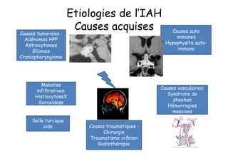 Etiologies de l’IAH
Causes tumorales :
                       Causes acquises                Causes auto
  Adénomes HPP                                          immunes
                                                    Hypophysite auto-
  Astrocytomes
                                                         immune
     Gliomes
Craniopharyngiome




        Maladies
                                                  Causes vasculaires:
      infiltratives:
                                                     Syndrome de
      HistiocytoseX
                                                       sheehan
       Sarcoidose
                                                     Hémorragies
                                                       massives
     Selle turcique
          vide            Causes traumatiques :
                                Chirurgie
                          Traumatisme crânien
                             Radiothérapie
 