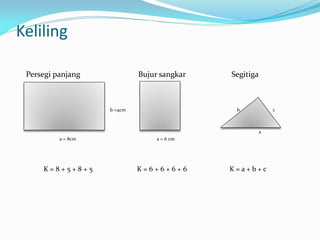 Keliling
Persegi panjang Bujur sangkar Segitiga
b =4cm b c
a
a = 8cm a = 6 cm
K = 8 + 5 + 8 + 5 K = 6 + 6 + 6 + 6 K = a + b + c
 