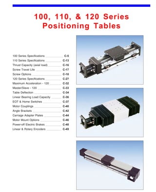100, 110, & 120 Series 
Positioning Tables 
Front (1st Page) 
100 Series Specifications 
110 Series Specifications 
C-5 
C-13 
C-17 
Screw Travel Life 
120 Series Specifications 
C-16 
Linear Bearing Load Capacity 
C-18 
C-27 
Table Deflection 
C-33 
Thrust Capacity (axial load) 
C-32 
EOT & Home Switches 
Carriage Adapter Plates 
C-34 
Motor Couplings 
C-37 
Screw Options 
C-36 
Angle Brackets 
Motor Mount Options 
C-40 
C-42 
Linear & Rotary Encoders 
C-46 
Power-off Electric Brakes 
C-44 
Maximum Acceleration - 120 
Master/Slave - 120 
C-48 
C-49 
 
