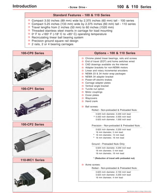 Standard Features - 100 & 110 Series 
Compact 3.50 inches (89 mm) wide by 2.375 inches (60 mm) tall - 100 series 
Compact 5.25 inches (133 mm) wide by 2.375 inches (60 mm) tall - 110 series 
Travel lengths from 2 inches (50 mm) to 60 inches (1520 mm) 
Threaded stainless steel inserts in carriage for load mounting 
0o F to +185o F (-18o C to +85o C) operating temperature 
Recirculating linear ball bearing system 
Precision ground square rail design 
2 rails, 2 or 4 bearing carriages 
Options - 100 & 110 Series 
Chrome plated linear bearings, rails and screws 
End of travel (EOT) and home switches wired 
CAD drawings available via the internet 
Adapter brackets for non-NEMA motors 
Linear and rotary incremental encoders 
NEMA 23 & 34 motor wrap packages 
NEMA 34 adapter bracket 
Power-off electric brakes 
Carriage adapter plates 
Vertical angle bracket 
Turcite nut option 
Motor couplings 
Cover plates 
Waycovers 
Hand crank 
Ball screws: 
Rolled - Non-preloaded & Preloaded Nuts: 
0.625 inch diameter, 0.200 inch lead 
0.500 inch diameter, 0.500 inch lead 
0.625 inch diameter, 1.000 inch lead 
Precision - Non-preloaded & Preloaded Nuts: 
0.625 inch diameter, 0.200 inch lead 
16 mm diameter, 5 mm lead 
16 mm diameter, 10 mm lead 
16 mm diameter, 16 mm lead 
* (Reduction of travel with preloaded nut) 
Specifications subject to change without notice 
Ground - Preloaded Nuts Only: 
0.625 inch diameter, 0.200 inch lead 
16 mm diameter, 5 mm lead 
16 mm diameter, 16 mm lead 
Acme screws: 
Rolled - Non-preloaded & Preloaded Nuts: 
0.625 inch diameter, 0.100 inch lead 
0.625 inch diameter, 0.200 inch lead 
16 mm diameter, 4 mm lead 
* 
* 
* 
Introduction - Screw Drive - 100 & 110 Series 
100-CP0 Series 
100-CP1 Series 
100-CP2 Series 
110-WC1 Series 
 