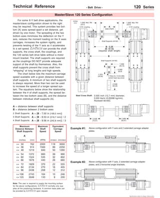 Technical Reference - Belt Drive - 120 Series 
Master/Slave 120 Series Configuration 
For some X-Y belt drive applications, the 
master/slave configuration shown to the right 
may be required. This system provides two bot-tom 
(X) axes spread apart a set distance, yet 
driven by one motor. The spreading of the two 
bottom axes minimizes the deflection on the Y 
axis, reduces the moment loading on the X axes 
carriages, increases the system rigidity, and 
prevents twisting of the Y axis as it accelerates 
to a set speed. LINTECH can provide the shaft 
supports, the cross shaft, the couplings, and 
the 120 series belt drive table without a motor 
mount bracket. The shaft supports are required 
as the couplings DO NOT provide adequate 
support of the shaft by themselves. Also, the 
shaft supports prevent the cross shaft from 
"whipping" at long lengths and high speeds. 
The chart below lists the maximum carriage 
speed available with a given distance between 
shaft supports. A minimum of two shaft supports 
is always required. More than two can be used 
to increase the speed of a longer spread sys-tem. 
The equations below show the relationship 
between the # of shaft supports, the spread be-tween 
the two bottom axes (B), and the distance 
between individual shaft supports (A). 
A 
(see chart) 
Shaft Supports (44192) 
B - 2.25 
(B - 57,15) 
(required shaft length) 
Max. Ref. 
C191 coupling C191 coupling 
B 
Shaft Supports (44192) 
1.030 
(26,16) 
C' Bore for 1/4-20 (M6) 
socket head cap screw 
Steel Cross Shaft: 0.500 inch (12,7 mm) diameter; 
0.055 lbs/in (0,00098 kg/mm); 
Rockwell 60-65C 
Example #1: Above configuration with Y axis and 2 extended carriage adapter 
plates. 
Example #2: Above configuration with Y axis, 2 extended carriage adapter 
plates, and 2 horizontal angle brackets. 
A = distance between shaft supports 
B = distance between 2 bottom axes 
Maximum 
Distance Between 
Shaft Supports 
(inches) (RPM) 
30 
36 
48 
<= 
<= 
<= 
(in/sec) 
54 
60 
66 
<= 
<= 
<= 
72 
84 
96 
<= 
<= 
<= 
108 
<= 
<= 120 
118 
89 
50 
39 
32 
26 
22 
16 
12 
10 
8 
2000 
1500 
840 
660 
535 
440 
370 
270 
208 
164 
133 
A 
Maximum 
Shaft 
Speed 
Equivalent 
Carriage 
Speed 
2 Shaft Supports: 
3 Shaft Supports: 
4 Shaft Supports: 
A = [B - 7.50 in (190,5 mm)] 
A = [B - 8.53 in (216,7 mm)] / 2 
A = [B - 9.56 in (242,8 mm)] / 3 
Note: The user is required to supply the mounting surface 
for the above configurations. LINTECH normally only sup-plies 
all the positioning hardware. A common base plate can 
be provided by LINTECH upon request. 
Specifications subject to change without notice 
(mm) 
762 
914 
1219 
1372 
1524 
1676 
1829 
2134 
2438 
2743 
3048 
(mm/sec) 
3000 
2250 
1260 
990 
802 
660 
555 
405 
312 
246 
200 
inches 
(mm) 1.000 
(25,4) 
1.000 Max. Ref. 
(25,4) 
2.000 
(50,8) 
1.375 
(34,93) 
2.530 
(64,26) 
2.530 
(75,57) 
2.465 
(62,61) 
 