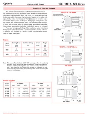 Options - Screw & Belt Drive - 100, 110 & 120 Series 
For vertical table applications, or for those applications requir-ing 
the load to be locked securely in place, an electric brake may be 
mounted to the positioning table. The 100 or 110 series will have the 
brake mounted to the screw shaft extension located on the table end, 
opposite the motor mount bracket. The 120 series will have the brake 
mounted to the thru drive shaft option. With proper wiring from a con-trol 
system, this power-off friction brake can ensure that the carriage 
is firmly held in place, when no electric power is applied to the brake. 
When power is applied to the brake, the brake is opened or "released". 
For proper emergency braking of the positioning table, this electric 
brake needs to be interfaced to a position controller or relay network. 
LINTECH also provides 24 & 90 VDC power supplies which can be 
used to power the brakes. 
41970 5 3.0 120 / 240 0.8 / 0.4 47-63 
Specifications subject to change without notice 
100-CP0 or 110 Series 
Table end opposite 
motor mount bracket 
Brake 
(B01 or B02) 
24 VDC 
Model 
Number 
B01 
Holding Force Excitation Voltage 
volts 
Current 
amps 
0.733 
Weight 
Brakes 
100-CP1 or 100-CP2 Series 
lbs 
(kg) 
in-lbs 
(N-m) 
1.4 
(0,62) 
18 
(2,0) 
2.46 
(62,5) 
1.75 
(44,5) 
2.46 
(62,5) 
2.46 
(62,5) 
B02 90 VDC 0.178 1.4 
(0,62) 
18 
(2,0) 
inches 
(mm) 
.106 
(2,7) 
.043 
(1,1) 
.043 
This power-off electric brake MUST NOT be engaged when the positioning (1,1) 
table is in motion. Moving the table with the brake applied could damage 
the brake and the positioning table. Also, continuous use of this brake to 
stop a table (load) that is in motion could damage the brake and the posi-tioning 
table. Dynamic braking of a positioning table should be done by the 
motor and not the brake. 
Note: 
Power-off Electric Brakes 
o 
o 
o 
Model 
Number 
37488 
37489 
24 
90 
37490 90 
DC Output 
volts amps 
1.2 
0.8 
0.8 
AC Input 
volts 
120 / 240 
amps 
120 
240 
0.8 / 0.4 
1.0 
0.5 
Power Supplies 
Hz 
47-63 
50/60 
50/60 
style 
regulated 
regulated 
unregulated 
unregulated 
2.46 
(62,5) 
o 
2.46 
(62,5) 
o 
1.75 
(44,5) 
120 Series 
inches 
(mm) 
.875 
(22,23) 
Brake 
(B01 or B02) 
 