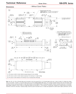 Technical Reference - Screw Drive - 100-CP0 Series 
For optional coupling info 
see pages C-40 & C-41. 
Optional NEMA 23 Motor Mount Shown: 
(4) Holes on 2.625 (66,68) Bolt Circle Dia. 
English Mount (M02): #10-24 thd. 
Metric Mount (M03): M5 thd. 
1.502 (38,15) Pilot Dia. TYP 
Specifications subject to change without notice 
Dimensions 
Threaded Stainless Steel Inserts: 
English Inserts (-1): (4) #8-32 x .25 inch deep TYP 
4.000 Metric Inserts (-2): (4) M4 thd. x 8 mm deep TYP 
(101,60) 
C 
3.188 
(80,97) 
D D 
E # of spaces 
C 
(2) 
A 
B 
FOUR bearing carriage shown. 
TWO bearing carriage will have 
bearings centered on the carriage. 
(3) 
inches 
(mm) 
.375 
(9,53) 
(1) 
(1) This value is center to center distance (spread) between the two rails (d1). 
(2) This value is center to center distance (spacing) of the bearings on a single rail (d2). 
(3) This value is center distance of the bearing to top of carriage plate surface (dr). 
EOT & HOME 
Switch Cable Egress 
.193 (4,90) Dia.Thru Holes M # of Holes 
2.375 
(60,32) 
2.500 
(63,50) 
3.500 
(88,90) 
.625 
(15,88) 
.500 
(12,70) 
.75 
(19,05) 
2.088 
(53,03) 
1.000 
(25,40) 
2.375 
(60,33) 
.250 TYP 
(6,35) TYP 
.375 
(9,53) 
2.312 
(58,73) 
.156 TYP 
(3,96) TYP 
3.188 
(80,97) 
1.750 
(44,45) 
0.406 TYP 
(10,31) TYP 
.500 TYP 
(12,70) TYP 
1.188 
(30,18) 
- Without Cover Plates - 
2.500 
(63,5) 
2.500 
(63,5) 
2.500 
(63,5) 
o 
.375 
(9,53) .750 
(19,05) 
.312 
(7,92) 
o 
.375 (9,53) 
303 Woodruff 
Keyway 
2.375 
(60,33) 
.344 TYP 
(8,74) TYP 
Note: Any 100, 110, 120 or 130 series table can be mounted on top of any second 100, 110, 120 series table by the user, in order to create X-Y multiple axis configu-rations. 
The 100-CP1, 100-CP2, or 120 series tables require one of the Carriage Adapter Plate options. The carriage's threaded stainless steel insert hole pattern exact-ly 
matches the base mounting hole pattern on each table, therefore no extra adapter bracket or machining is required. However a precision square tool, or micrometer 
depth gauge, is required in order to obtain an orthogonality between the two tables of < 30 arc-seconds. The table base, carriage top & carriage sides are all precision 
machined. LINTECH's 100 series, 4 bearing carriage, should be used for the bottom axis in a mutiple axes application for better system rigidity, performance, and life. 
 
