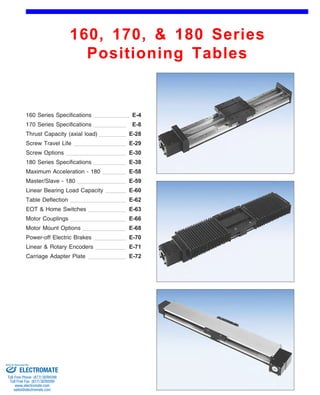 160, 170, & 180 Series 
Positioning Tables 
Front (1st Page) 
160 Series Specifications 
170 Series Specifications 
E-4 
E-8 
E-29 
Screw Travel Life 
180 Series Specifications 
E-28 
Linear Bearing Load Capacity 
E-30 
E-38 
Table Deflection 
E-59 
Thrust Capacity (axial load) 
E-58 
EOT & Home Switches 
Carriage Adapter Plate 
E-62 
Motor Couplings 
E-63 
Screw Options 
E-60 
Motor Mount Options 
E-66 
Linear & Rotary Encoders 
E-68 
Power-off Electric Brakes 
E-70 
E-72 
Maximum Acceleration - 180 
Master/Slave - 180 
E-71 
Sold & Serviced By: 
ELECTROMATE 
Toll Free Phone (877) SERVO98 
Toll Free Fax (877) SERV099 
www.electromate.com 
sales@electromate.com 
 