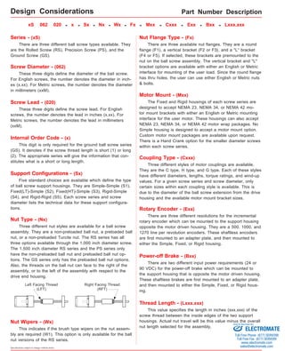 Left Facing Thread 
(LFT) 
Specifications subject to change without notice 
Part Number Description 
xS 062 020 - x - Sx - Nx - Wx - Fx - Mxx - Cxxx - Exx - Bxx - Lxxx.xxx 
Series - (xS) 
There are three different ball screw types available. They 
are the Rolled Screw (RS), Precision Screw (PS), and the 
Ground Screw (GS). 
Screw Diameter - (062) 
These three digits define the diameter of the ball screw. 
For English screws, the number denotes the diameter in inch-es 
(x.xx). For Metric screws, the number denotes the diameter 
in millimeters (xxM). 
Nut Flange Type - (Fx) 
There are three available nut flanges. They are a round 
flange (F1), a vertical bracket (F2 or F3), and a "L" bracket 
(F4 or F5). If selected, these brackets are premounted to the 
nut on the ball screw assembly. The vertical bracket and "L" 
bracket options are available with either an English or Metric 
interface for mounting of the user load. Since the round flange 
has thru holes, the user can use either English or Metric nuts 
& bolts. 
Screw Lead - (020) 
These three digits define the screw lead. For English 
screws, the number denotes the lead in inches (x.xx). For 
Metric screws, the number denotes the lead in millimeters 
(xxM). 
Internal Order Code - (x) 
This digit is only required for the ground ball screw series 
(GS). It denotes if the screw thread length is short (1) or long 
(2). The appropriate series will give the information that con-stitutes 
what is a short or long length. 
Support Configurations - (Sx) 
Five standard choices are available which define the type 
of ball screw support housings. They are Simple-Simple (S1), 
Fixed(LT)-Simple (S2), Fixed(HT)-Simple (S3), Rigid-Simple 
(S4), and Rigid-Rigid (S5). Each screw series and screw 
diameter lists the technical data for these support configura-tions. 
Nut Type - (Nx) 
Three different nut styles are available for a ball screw 
assembly. They are a non-preloaded ball nut, a preloaded ball 
nut, or a non-preloaded Turcite nut. The RS series has all 
three options available through the 1.000 inch diameter screw. 
The 1.500 inch diameter RS series and the PS series only 
have the non-preloaded ball nut and preloaded ball nut op-tions. 
The GS series only has the preloaded ball nut options. 
Also, the threads on the ball nut can face to the right of the 
assembly, or to the left of the assembly with respect to the 
drive end housing. 
Nut Wipers - (Wx) 
This indicates if the brush type wipers on the nut assem-bly 
are required (W1). This option is only available for the ball 
nut versions of the RS series. 
Right Facing Thread 
(RFT) 
Motor Mount - (Mxx) 
The Fixed and Rigid housings of each screw series are 
designed to accept NEMA 23, NEMA 34, or NEMA 42 mo-tor 
mount brackets with either an English or Metric mounting 
interface for the user motor. These housings can also accept 
NEMA 23, NEMA 34, or NEMA 42 motor wrap packages. No 
Simple housing is designed to accept a motor mount option. 
Custom motor mount packages are available upon request. 
There is a Hand Crank option for the smaller diameter screws 
within each screw series. 
Coupling Type - (Cxxx) 
Three different styles of motor couplings are available. 
They are the C type, H type, and G type. Each of these styles 
have different diameters, lengths, torque ratings, and wind-up 
values. For a given screw series and screw diameter, only 
certain sizes within each coupling style is available. This is 
due to the diameter of the ball screw extension from the drive 
housing and the available motor mount bracket sizes. 
Rotary Encoder - (Exx) 
There are three different resolutions for the incremental 
rotary encoder which can be mounted to the support housing 
opposite the motor driven housing. They are a 500, 1000, and 
1270 line per revolution encoders. These shaftless encoders 
are first mounted to an adapter plate, and then mounted to 
either the Simple, Fixed, or Rigid housing. 
Power-off Brake - (Bxx) 
There are two different input power requirements (24 or 
90 VDC) for the power-off brake which can be mounted to 
the support housing that is opposite the motor driven housing. 
These shaftless brakes are first mounted to an adapter plate, 
and then mounted to either the Simple, Fixed, or Rigid hous-ing. 
Thread Length - (Lxxx.xxx) 
This value specifies the length in inches (xxx.xxx) of the 
screw thread between the inside edges of the two support 
housings. Actual nut travel will be this value minus the overall 
nut length selected for the assembly. 
Design Considerations 
Sold & Serviced By: 
ELECTROMATE 
Toll Free Phone (877) SERVO98 
Toll Free Fax (877) SERV099 
www.electromate.com 
sales@electromate.com 
 