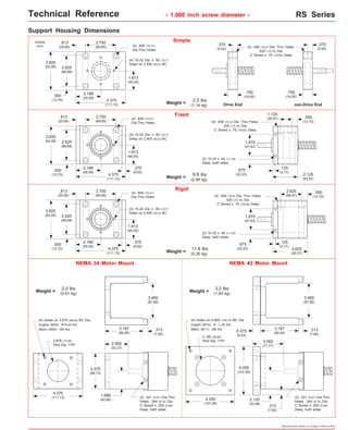 Technical Reference - 1.000 inch screw diameter - RS Series 
(2) .406 (10,3) Dia. Thru Holes, 
.750 
(19,05) 
.375 
(9,52) 
.500 
(12,70) 
(4) Holes on 4.950 (125,73) BC Dia. 
English (M10): # 1/4-20 thd. 
Metric (M11): M6 thd. 3.187 
Specifications subject to change without notice 
Weight = 2.5 lbs 
(1,14 kg) 
Weight = 6.6 lbs 
(2,99 kg) 
(4) .406 (10,3) Dia. Thru Holes, 
.620 (15,75) Dia. 
C' Bored x .75 (19,05) Deep 
(2) 10-32 x .44 (11,18) 
Deep, both sides 
Support Housing Dimensions 
inches 
(mm) 
Simple 
Fixed 
Rigid 
.813 
2.750 
(20,65) (69,85) 
(4) .406 (10,31) 
2.188 
(55,58) 4.375 
(111,13) 
Dia.Thru Holes 
1.813 
(46,05) 
2.750 
(69,85) 
2.188 
(55,58) 4.375 
(111,13) 
1.813 
(46,05) 
2.625 
(66,68) 
.813 
(20,65) 
2.625 
(66,68) 
3.625 
(92,08) 
3.625 
(92,08) 
.500 
(12,70) 
1.125 
(28,57) 
.125 
(3,17) 2.125 
(53,97) 
(4) .406 (10,31) 
Dia.Thru Holes 
2.625 
(66,67) 
3.625 
(92,07) 
.500 
(12,70) 
.125 
(3,17) 
1.875 
(47,63) 
(4) 10-32 Dia. x .50 (12,7) 
Deep on 2.500 (63,5) BC 
(4) 10-32 Dia. x .50 (12,7) 
Deep on 2.500 (63,5) BC 
.375 
(9,52) .875 
(22,23) 
1.875 
(47,63) 
.875 
(22,23) 
Weight = 11.8 lbs 
(5,35 kg) 
.500 
(12,70) 
(2) 10-32 x .44 (11,18) 
Deep, both sides 
.750 
(19,05) 
.375 
(9,52) 
(4) .406 (10,3) Dia. Thru Holes, 
.620 (15,75) Dia. 
C' Bored x .75 (19,05) Deep 
.620 (15,75) Dia. 
C' Bored x .75 (19,05) Deep 
Drive End non-Drive End 
NEMA 34 Motor Mount 
.813 
(20,65) 
2.625 
(66,68) 
3.625 
(92,08) 
(4) Holes on 3.875 (98,42) BC Dia. 
English (M04): #10-24 thd. 
Metric (M05): M5 thd. 
2.876 (73,05) 
Pilot Dia. TYP 
4.375 
(111,13) 
3.187 
(80,95) 
3.375 
(85,73) 
.313 
(7,95) 
Weight = 2.0 lbs 
(0,91 kg) 
1.688 
(42,88) 
(2) .221 (5,61) Dia.Thru 
Holes, .344 (8,74) Dia. 
C' Bored x .200 (5,08) 
Deep, both sides 
NEMA 42 Motor Mount 
Weight = 3.2 lbs 
(1,45 kg) 
4.250 
(107,95) 
4.250 
(107,95) 
2.125 
(53,98) 
(2) .221 (5,61) Dia.Thru 
Holes, .344 (8,74) Dia. 
C' Bored x .200 (5,08) 
Deep, both sides 
2.189 (55,60) 
Pilot Dia. TYP 
(80,95) 
.313 
(7,95) 
0.375 
(9,53) 
.313 
(7,95) 
3.460 
(87,88) 
3.460 
(87,88) 
3.062 
(77,77) 2.062 
(52,37) 
2.750 
(69,85) 
2.188 
(55,58) 4.375 
(111,13) 
1.813 
(46,05) 
.500 
(12,70) 
(4) .406 (10,31) 
Dia.Thru Holes 
(4) 10-32 Dia. x .50 (12,7) 
Deep on 2.500 (63,5) BC 
.375 
(9,52) 
 