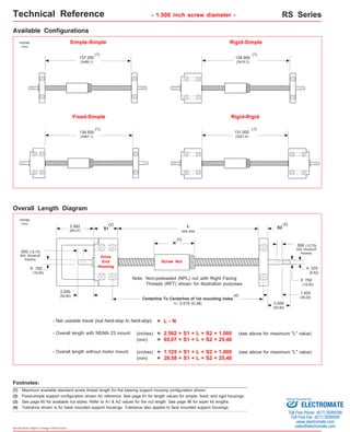 Technical Reference - 1.500 inch screw diameter - RS Series 
Available Configurations 
Simple-Simple Rigid-Simple 
2.000 
(50,80) 
(3) See page 60 for available nut styles. Refer to A1 & A2 values for the nut length. See page 96 for wiper kit lengths. 
Specifications subject to change without notice 
137.250 
(3486,1) 
o 
.750 
(19,05) 
.750 
(19,05) 
Fixed-Simple Rigid-Rigid 
136.500 
(3467,1) 
134.500 
(3416,3) 
131.000 
(3327,4) 
.500 (12,70) 
605 Woodruff 
Keyway 
.500 (12,70) 
605 Woodruff 
Keyway 
.375 
(9,52) 
o 
Overall Length Diagram 
(1) 
inches 
(mm) 
(1) 
(1) 
(1) 
(2) (2) 
2.562 S1 
(65,07) 
L S2 
xxx.xxx 
1.425 
(36,20) 
Non-preloaded (NPL) nut with Right Facing 
Threads (RFT) shown for illustration purposes 
Note: 
Centerline To Centerline of 1st mounting holes 
- Net useable travel (nut hard-stop to hard-stop) 
- Overall length with NEMA 23 mount: 
- Overall length without motor mount: 
inches 
(mm) 
N 
(3) 
Drive 
End 
Housing 
Screw Nut 
+/- 0.015 (0,38) 
= L - N 
(4) 
(inches) = 2.562 + S1 + L + S2 + 1.000 (see above for maximum "L" value) 
(mm) = 65,07 + S1 + L + S2 + 25,40 
(inches) = 1.125 + S1 + L + S2 + 1.000 (see above for maximum "L" value) 
(mm) = 28,58 + S1 + L + S2 + 25,40 
o 
2.000 
(50,80) 
Footnotes: 
(1) Maximum available standard screw thread length for the bearing support housing configuration shown. 
(2) Fixed-simple support configuration shown for reference. See page 61 for length values for simple, fixed, and rigid housings. 
(4) Tolerance shown is for base mounted support housings. Tolerance also applies to face mounted support housings. 
Sold & Serviced By: 
ELECTROMATE 
Toll Free Phone (877) SERVO98 
Toll Free Fax (877) SERV099 
www.electromate.com 
sales@electromate.com 
 