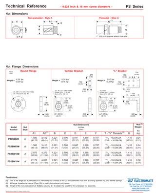Technical Reference - 0.625 inch & 16 mm screw diameters - PS Series 
(1) E 
(0,16 kg) Weight = 0.55 lbs 
(0,25 kg) 
1.375 
(34,92) 
0.500 
(12,70) A 
0.500 
(12,70) A 
Footnotes: 
(2) All flange threads are internal (Type 2B) to match the external nut threads. 
Specifications subject to change without notice 
A2 
G 
.203 (5,15) spanner wrench hole size 
F 
D 
Model 
Number 
.250 
(6,35) 
inches 
(mm) 
PS062020 
Nut 
Style 
A1 
Nut Dimensions 
1.580 
(40,13) 
B 
0.500 
(12,70) 
PS16M05M 1.580 
(40,13) 
0.500 
(12,70) 
A 
A 
PS16M10M 2.070 
(52,59) 
PS16M16M 2.170 
(55,12) 
C 
1.221 
(31,01) 
1.221 
(31,01) 
D 
E 
1.398 
(35,51) 
1.398 
(35,51) 
1.398 
(35,51) 
1.398 
(35,51) 
0.847 
(21,51) 
0.847 
(21,51) 
A2 
3.410 
(86,61) 
3.410 
(86,61) 
Weight = 0.62 lbs 
F 
0.787 
(20,00) 
0.787 
(20,00) 
.375 
(9,52) 
(0,28 kg) 
1.375 
(34,92) 
T - "V" Threads G 
1.410 
(35,81) 
1.410 
(35,81) 
(1) 
(3) 
Nut 
Weight 
lbs 
(kg) 
Preloaded - Style A 
0.24 
(0,11) 
0.24 
(0,11) 
0.33 
(0,15) 
0.30 
(0.14) 
15/16 - 16 UN-2A 
(23,81 - 16 UN-2A) 
15/16 - 16 UN-2A 
(23,81 - 16 UN-2A) 
15/16 - 16 UN-2A 
(23,81 - 16 UN-2A) 
15/16 - 16 UN-2A 
(23,81 - 16 UN-2A) 
(2) 
Nut Dimensions 
4.370 
(111,00) 
4.630 
(117,60) 
1.221 
(31,01) 
1.221 
(31,01) 
0.709 
(18,01) 
0.847 
(21,51) 
0.787 
(20,00) 
0.787 
(20,00) 
1.410 
(35,81) 
1.410 
(35,81) 
inches 
(mm) 
Round Flange Vertical Bracket 
2.63 
(66,80) 
.500 
(12,70) 
(4) .281 (7,13) Dia. Thru Holes 
on 2.09 (53,08) Dia. BC 
1.500 
(38,10) 
.500 
(12,70) 
.375 
(9,52) 
.750 
(19,05) 
(2) .50 (12,7) Deep Holes 
English (F2): 1/4-28 thd. 
Metric (F3): M6 thd. 
2.125 
(53,97) 
Nut Flange Dimensions 
Weight = 0.35 lbs 
Non-preloaded - Style A 
A1 
C 
B 
T 
1.500 
(38,10) 
"L" Bracket 
.500 
(12,70) 
.750 
(19,05) 
.750 
.750 (19,05) 
(19,05) 
1.750 
(44,45) 
(4) Holes 
English (F4): 1/4-28 thd. 
Metric (F5): M6 thd. 
.500 
(12,70) 
2.125 
(53,97) 
(3) 
This is the length for a preloaded nut. Preloaded nut consists of two (2) non-preloaded nuts with a locking spanner nut, and belville springs. 
Weight of the non-preloaded nut. Multiply value by 2.1 to obtain the weight for the preloaded nut assembly. 
(1) 
Sold & Serviced By: 
ELECTROMATE 
Toll Free Phone (877) SERVO98 
Toll Free Fax (877) SERV099 
www.electromate.com 
sales@electromate.com 
 