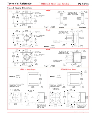 Technical Reference - 0.625 inch & 16 mm screw diameters - PS Series 
Drive End non-Drive End 
.500 
Weight = 1.1 lbs 
(0,50 kg) 
(2) .343 (8,71) Dia. Thru 
Holes, .504 (12,8) Dia. 
C' Bored x .57 (14,47) Deep 
(4) .343 (8,71) Dia. Thru 
Holes, .504 (12,8) Dia. 
C' Bored x .57 (14,47) Deep 
(4) .343 (8,71) (12,70) 
Dia.Thru Holes 
(4) Holes on 3.875 (98,42) BC Dia. 
English (M04): #10-24 thd. 
Metric (M05): M5 thd. 2.562 
Specifications subject to change without notice 
.625 
(15,87) 
.625 
(15,87) 
1.750 
(44,45) 
inches 
(mm) 
Simple 
Fixed 
Weight = 2.7 lbs 
Rigid 
2.000 
(50,80) 
1.625 
(41,27) 3.250 
(82,55) 
(4) .343 (8,71) 
Dia.Thru Holes 
1.250 
(31,75) 
2.500 
(63,50) 
.375 
(9,52) 
(4) 8-32 x .37 (9,39) Deep 
on 1.750 (44,45) BC 
2.000 
(50,80) 
1.625 
(41,27) 3.250 
(82,55) 
1.250 
(31,75) 
2.500 
(63,50) 
.375 
(9,52) 
.750 
(19,05) 
.125 
(3,17) 1.750 
(44,45) 
1.500 
(38,10) 
2.500 
(63,50) 
.500 
(12,70) 
.125 
(3,17) 
1.125 
(28,57) 
(4) 8-32 x .37 (9,39) Deep 
on 1.750 (44,45) BC 
.250 
(6,35) .688 
(17,47) 
.688 
(17,47) 
(2) 10-32 x .43 (10,92) 
Deep, both sides 
(1,22 kg) 
(2) 10-32 x .43 (10,92) 
Deep, both sides 
Weight = 3.9 lbs 
(1,77 kg) 
1.750 
(44,45) 
1.125 
(28,57) 
Support Housing Dimensions 
.625 
(15,87) 
.313 
(7,95) 
(4) .343 (8,71) Dia. Thru 
Holes, .504 (12,8) Dia. 
C' Bored x .57 (14,47) Deep 
.625 
(15,87) 
.313 
(7,95) 
.625 
(15,87) 
1.750 
(44,45) 
2.000 
(50,80) 
1.625 
(41,27) 3.250 
(82,55) 
1.250 
(31,75) 
2.500 
(63,50) 
.375 
(9,52) 
(4) .343 (8,71) 
Dia.Thru Holes 
(4) 8-32 x .37 (9,39) Deep 
on 1.750 (44,45) BC 
.250 
(6,35) 
NEMA 23 Motor Mount 
(4) Holes on 2.625 (66,67) BC Dia. 
English (M02): #10-24 thd. 
Metric (M03): M5 thd. 
1.502 (38,15) 
Pilot Dia. TYP 
3.250 
(82,55) 
2.562 
(65,07) 
2.250 
(57,15) 
.313 
(7,95) 
Weight = 0.9 lbs 
(0,41 kg) 
1.125 
(28,57) 
(2) .221 (5,61) Dia.Thru 
Holes, .344 (8,73) Dia. 
C' Bored x .125 (3,17) 
Deep, both sides 
NEMA 34 Motor Mount 
Weight = 1.4 lbs 
(0,64 kg) 
3.375 
(85,72) 
3.375 
(85,72) 
1.688 
(42,88) 
(2) .221 (5,61) Dia.Thru 
Holes, .344 (8,73) Dia. 
C' Bored x .125 (3,17) 
Deep, both sides 
2.877 (73,07) 
Pilot Dia. TYP 
(65,07) 
.313 
(7,95) 
.500 
(12,70) 
.438 
(11,13) 
2.340 
(59,44) 
2.340 
(59,44) 
1.937 
(49,20) 1.437 
(36,50) 
.063 
(1,60) 
 