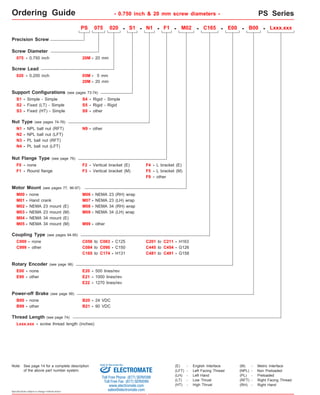 Ordering Guide PS Series 
075 - 0.750 inch 
S1 - Simple - Simple 
S3 - 
N1 - NPL ball nut (RFT) 
F0 - none 
M01 - Hand crank 
PS 075 020 - S1 - N1 - F1 - M02 - C165 - E00 - B00 - Lxxx.xxx 
C999 - other C084 to C090 - C150 
E99 - other 
Specifications subject to change without notice 
- 0.750 inch & 20 mm screw diameters - 
Precision Screw 
Screw Diameter 
Rotary Encoder (see page 98) 
Power-off Brake (see page 99) 
S4 - 
Screw Lead 
020 - 0.200 inch 
Fixed (HT) - Simple 
- 
Rigid - Simple 
S5 
- 
Rigid - Rigid 
Nut Type (see pages 74-76) 
N3 - 
PL ball nut (RFT) 
Nut Flange Type (see page 76) 
F1 - 
Round flange 
S9 
F2 - Vertical bracket (E) F4 - L bracket (E) 
Motor Mount (see pages 77, 96-97) 
M00 - none 
M02 - NEMA 23 mount (E) 
M04 - NEMA 34 mount (E) 
M06 - 
M07 - 
NEMA 23 (RH) wrap 
M08 - 
NEMA 23 (LH) wrap 
M09 - 
NEMA 34 (RH) wrap 
M99 - 
NEMA 34 (LH) wrap 
other 
Coupling Type (see pages 94-95) 
C000 - none C056 to - C125 
C063 
C165 to C174 - H131 
E00 - none E20 - 500 lines/rev 
E21 - 1000 lines/rev 
E22 - 1270 lines/rev 
B00 - none B20 - 24 VDC 
Thread Length (see page 74) 
other 
B99 - other B21 - 90 VDC 
C201 to C211 - H163 
C445 to C454 - G126 
C481 to C491 - G158 
Support Configurations (see pages 73-74) 
S2 - 
Fixed (LT) - Simple 
N9 - other 
F9 - other 
N2 - NPL ball nut (LFT) 
N4 - PL ball nut (LFT) 
F3 - Vertical bracket (M) F5 - L bracket (M) 
M03 - NEMA 23 mount (M) 
M05 - NEMA 34 mount (M) 
20M - 20 mm 
05M - 5 mm 
20M - 20 mm 
Lxxx.xxx - screw thread length (inches) 
(E) - English Interface 
(LH) - Left Hand 
(LT) - Low Thrust 
(HT) - High Thrust 
(M) - Metric Interface 
(NPL) - Non Preloaded 
(PL) - Preloaded 
(RFT) - Right Facing Thread 
(LFT) - Left Facing Thread 
(RH) - Right Hand 
PS075 & PS20M series 
Note: See page 14 for a complete description 
Sold & Serviced By: 
of the above part number system. ELECTROMATE 
Toll Free Phone (877) SERVO98 
Toll Free Fax (877) SERV099 
www.electromate.com 
sales@electromate.com 
 
