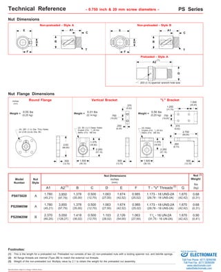 - 0.750 inch & 20 mm Technical Reference screw diameters - PS Series 
Preloaded - Style A 
(1) 
(0,25 kg) Weight = 0.31 lbs 
(0,14 kg) Weight = 0.55 lbs 
(0,25 kg) 
Model 
Number 
1.375 
(34,92) 
0.500 
(12,70) B 
Footnotes: 
(2) All flange threads are internal (Type 2B) to match the external nut threads. 
Specifications subject to change without notice 
.250 
(6,35) 
inches 
(mm) 
PS075020 
Nut 
Style 
A1 
Nut Dimensions 
1.780 
(45,21) 
B 
0.500 
(12,70) 
PS20M05M 1.780 
(45,21) 
0.500 
(12,70) 
A 
A 
PS20M20M 2.370 
(60,20) 
C 
1.378 
(35,00) 
1.378 
(35,00) 
D 
E 
1.674 
(42,52) 
1.674 
(42,52) 
2.126 
(54,00) 
1.063 
(27,00) 
1.063 
(27,00) 
A2 
3.850 
(97,79) 
3.850 
(97,79) 
F 
0.985 
(25,02) 
0.985 
(25,02) 
1.375 
(34,92) 
T - "V" Threads 
1.173 - 18 UNS-2A 
(29,79 - 18 UNS-2A) 
1.173 - 18 UNS-2A 
(29,79 - 18 UNS-2A) 
G 
G 
1.670 
(42,42) 
1.670 
(42,42) 
(1) 
(3) 
Nut 
Weight 
lbs 
(kg) 
0.68 
(0,31) 
0.68 
(0,31) 
0.90 
(0,41) 
11/4 - 16 UN-2A 
(31,75 - 16 UN-2A) 
(2) 
Nut Dimensions 
5.050 
(128,27) 
1.418 
(36,02) 
1.103 
(28,02) 
Non-preloaded - Style B 
1.063 
(27,00) 
1.670 
(42,42) 
(3) 
This is the length for a preloaded nut. Preloaded nut consists of two (2) non-preloaded nuts with a locking spanner nut, and belville springs. 
Weight of the non-preloaded nut. Multiply value by 2.1 to obtain the weight for the preloaded nut assembly. 
(1) 
inches 
(mm) 
Round Flange Vertical Bracket "L" Bracket 
2.63 
(66,80) 
.500 
(12,70) 
(4) .281 (7,13) Dia. Thru Holes 
on 2.09 (53,08) Dia. BC 
1.500 
(38,10) 
.500 
(12,70) 
.375 
(9,52) 
1.500 
(38,10) 
.500 
(12,70) 
.750 
(19,05) 
1.000 
(25,40) 
1.250 
(31,75) 
2.750 
(69,85) 
.750 
(19,05) 
(4) Holes 
English (F4): 1/4-28 thd. 
Metric (F5): M6 thd. 
.265 
(6,73) 
(2) .50 (12,7) Deep Holes 
English (F2): 1/4-28 thd. 
Metric (F3): M6 thd. 
.375 
(9,52) 
2.250 
(57,15) 
2.250 
(57,15) 
Nut Flange Dimensions 
Weight = 0.56 lbs 
E 
F 
D 
Non-preloaded - Style A 
A1 
C 
B 
T 
A2 
.203 (5,15) spanner wrench hole size 
E 
F 
D 
A1 
C 
B 
T 
Sold & Serviced By: 
ELECTROMATE 
Toll Free Phone (877) SERVO98 
Toll Free Fax (877) SERV099 
www.electromate.com 
sales@electromate.com 
 