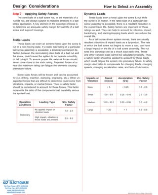 How to Select an Assembly 
Specifications subject to change without notice 
Step 7 - Applying Safety Factors Dynamic Loads 
Impacts or 
Vibration 
None 
Small 
Speed 
(in/sec) 
Min. Safety 
Factor 
< 5 1.0 - 2.0 
5.0 - 9.9 2.0 - 3.0 
10.0 - 20.0 
Acceleration 
(G's) 
< 0.25 
0.25 - 0.49 
0.50 - 0.99 3.0 - 4.0 
The steel balls of a ball screw nut, or the materials of a 
Turcite nut, are always subject to repeated stresses in a ball 
screw application. A key element in the selection process is 
to determine an adequate safety margin for load/life of a ball 
screw and support housings. 
Static Loads 
These loads can exert an extreme force upon the screw & 
nut in a non-moving state. If a static load rating of a particular 
ball screw assembly is exceeded, a localized permanent de-flection 
between the recircutating steel balls of a ball nut and 
the screw, could cause the system to not operate smoothly, 
or fail outright. To ensure proper life, external forces should 
never come close to the static rating. Repeated forces at or 
near the maximum rating can fatigue the elements causing 
premature failure. 
Some static forces will be known and can be accounted 
for (i.e. drilling, insertion, stamping, engraving, etc.). Other un-expected 
forces that are difficult to determine could come from 
vibrations, impacts, or inertial forces. Thus, a safety factor 
should be considered to account for these forces. This factor 
represents the ratio of the components load capability versus 
the applied load. 
Operation 
Conditions 
Stationary 
Loading Type Min. Safety 
Factor 
No applied impact or 
vibration loads. 
1.0 - 2.0 
High impact, vibration or 2.0 - 6.0 
thrust loads are present. 
These loads exert a force upon the screw & nut while 
the screw is in motion. If the rated load of a particular ball 
screw assembly is exceeded, there is a resultant reduction in 
the overall travel life. Safety factors are important for these 
ratings as well. They can help to account for vibration, impact, 
backdriving, and starting/stopping loads which can reduce the 
overall life. 
As a ball screw driven system moves, there are usually 
resultant vibrations & impact loads as a by-product. The rate 
at which the ball screw nut begins to move a load, can have 
a large impact on the life of a ball screw assembly. The nut 
sees this start/stop rate as a shock load each time. These 
and other variable loads cannot be calculated precisely. Thus, 
a safety factor should be applied to account for these loads 
which could fatigue the system into premature failure. A safety 
margin also helps to compensate for changing loads, changing 
speeds, changing acceleration rates, and lack of lubrication. 
> 20 > 1 4.0 - 8.0 
Medium 
Large 
Design Considerations 
Sold & Serviced By: 
ELECTROMATE 
Toll Free Phone (877) SERVO98 
Toll Free Fax (877) SERV099 
www.electromate.com 
sales@electromate.com 
 
