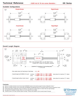 Technical Reference - 0.625 inch & 16 mm screw diameters - GS Series 
Available Configurations 
Simple-Simple Rigid-Simple 
37.500 
(952,5) 
Fixed-Simple Rigid-Rigid 
41.500 
(1054,1) 
37.500 
(952,5) 
inches 
(mm) 
Overall Length Diagram 
inches 
(mm) 
(3) (3) 
2.562 S1 
(65,07) 
- Net usable travel (nut hard-stop to hard-stop) 
- Overall length with NEMA 23 mount: 
- Overall length without motor mount: 
(2) 
(4) See page 84 for available nut styles. Refer to A1 & A2 values for the nut length. 
Specifications subject to change without notice 
41.500 
(1054,1) 
(1) 
(2) 
(1) 
(2) 
41.500 
(1054,1) 
37.500 
(952,5) 
39.750 
(1009,6) 
35.800 
(909,3) 
Maximum available standard screw thread length (GS062020 series) for the bearing support housing configuration shown. 
(1) 
(2) 
(1) 
(2) 
Maximum available standard screw thread length (GS16M05M & GS16M16M series) for the bearing support housing configuration shown. 
.375 
(9,52) 
.375 
(9,52) 
= L - N 
(inches) = 2.562 + S1 + L + S2 + 1.000 (see above for maximum "L" value) 
(mm) = 65,07 + S1 + L + S2 + 25,40 
(inches) = 1.125 + S1 + L + S2 + 1.000 (see above for maximum "L" value) 
(mm) = 28,58 + S1 + L + S2 + 25,40 
.374 (9,49) 
303 Woodruff 
Keyway 
.374 (9,49) 
303 Woodruff 
Keyway 
o 
1.125 
(28,58) 
L S2 
xxx.xxx 
1.000 
(25,40) 
N 
(4) 
Drive 
End 
Housing 
Screw Nut 
Non-preloaded (NPL) nut with Right Facing 
Threads (RFT) shown for illustration purposes 
Note: 
Centerline To Centerline of 1st mounting holes 
+/- 0.015 (0,38) 
(5) 
o 
Footnotes: 
(1) 
(3) Fixed-simple support configuration shown for reference. See page 85 for length values for simple, fixed, and rigid housings. 
(5) Tolerance shown is for base mounted support housings. Tolerance also applies to face mounted support housings. 
Sold & Serviced By: 
ELECTROMATE 
Toll Free Phone (877) SERVO98 
Toll Free Fax (877) SERV099 
www.electromate.com 
sales@electromate.com 
 