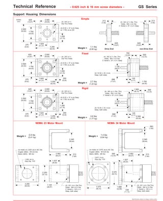 Technical Reference - 0.625 inch & 16 mm screw diameters - GS Series 
Drive End non-Drive End 
.500 
Weight = 1.1 lbs 
(0,50 kg) 
.625 
(15,87) 
(2) .343 (8,71) Dia. Thru 
Holes, .504 (12,8) Dia. 
C' Bored x .57 (14,47) Deep 
(4) .343 (8,71) Dia. Thru 
Holes, .504 (12,8) Dia. 
C' Bored x .57 (14,47) Deep 
(4) .343 (8,71) (12,70) 
Dia.Thru Holes 
(4) Holes on 3.875 (98,42) BC Dia. 
English (M04): #10-24 thd. 
Metric (M05): M5 thd. 2.562 
Specifications subject to change without notice 
Support Housing Dimensions 
.625 
(15,87) 
.625 
(15,87) 
1.750 
(44,45) 
inches 
(mm) 
Simple 
Fixed 
Weight = 2.7 lbs 
Rigid 
2.000 
(50,80) 
1.625 
(41,27) 3.250 
(82,55) 
(4) .343 (8,71) 
Dia.Thru Holes 
1.250 
(31,75) 
2.500 
(63,50) 
.375 
(9,52) 
(4) 8-32 x .37 (9,39) Deep 
on 1.750 (44,45) BC 
2.000 
(50,80) 
1.625 
(41,27) 3.250 
(82,55) 
1.250 
(31,75) 
2.500 
(63,50) 
.375 
(9,52) 
.750 
(19,05) 
.125 
(3,17) 1.750 
(44,45) 
1.500 
(38,10) 
2.500 
(63,50) 
.500 
(12,70) 
.125 
(3,17) 
1.125 
(28,57) 
(4) 8-32 x .37 (9,39) Deep 
on 1.750 (44,45) BC 
.250 
(6,35) .688 
(17,47) 
.688 
(17,47) 
(2) 10-32 x .43 (10,92) 
Deep, both sides 
(1,22 kg) 
(2) 10-32 x .43 (10,92) 
Deep, both sides 
Weight = 3.9 lbs 
(1,77 kg) 
1.750 
(44,45) 
1.125 
(28,57) 
.313 
(7,95) 
(4) .343 (8,71) Dia. Thru 
Holes, .504 (12,8) Dia. 
C' Bored x .57 (14,47) Deep 
.625 
(15,87) 
.313 
(7,95) 
.625 
(15,87) 
1.750 
(44,45) 
2.000 
(50,80) 
1.625 
(41,27) 3.250 
(82,55) 
1.250 
(31,75) 
2.500 
(63,50) 
.375 
(9,52) 
(4) .343 (8,71) 
Dia.Thru Holes 
(4) 8-32 x .37 (9,39) Deep 
on 1.750 (44,45) BC 
.250 
(6,35) 
NEMA 23 Motor Mount 
(4) Holes on 2.625 (66,67) BC Dia. 
English (M02): #10-24 thd. 
Metric (M03): M5 thd. 
1.502 (38,15) 
Pilot Dia. TYP 
3.250 
(82,55) 
2.562 
(65,07) 
2.250 
(57,15) 
.313 
(7,95) 
Weight = 0.9 lbs 
(0,41 kg) 
1.125 
(28,57) 
(2) .221 (5,61) Dia.Thru 
Holes, .344 (8,73) Dia. 
C' Bored x .125 (3,17) 
Deep, both sides 
NEMA 34 Motor Mount 
Weight = 1.4 lbs 
(0,64 kg) 
3.375 
(85,72) 
3.375 
(85,72) 
1.688 
(42,88) 
(2) .221 (5,61) Dia.Thru 
Holes, .344 (8,73) Dia. 
C' Bored x .125 (3,17) 
Deep, both sides 
2.877 (73,07) 
Pilot Dia. TYP 
(65,07) 
.313 
(7,95) 
.500 
(12,70) 
.438 
(11,13) 
2.340 
(59,44) 
2.340 
(59,44) 
1.937 
(49,20) 1.437 
(36,50) 
.063 
(1,60) 
 