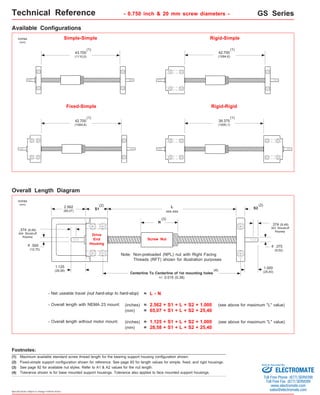 Technical Reference - 0.750 inch & 20 mm screw diameters - GS Series 
Available Configurations 
Simple-Simple Rigid-Simple 
43.700 
(1110,0) 
Overall Length Diagram 
.374 (9,49) 
404 Woodruff 
Keyway 
o o 
(3) See page 92 for available nut styles. Refer to A1 & A2 values for the nut length. 
Specifications subject to change without notice 
(1) 
(1) 
(1) 
(1) 
inches 
(mm) 
42.700 
(1084,6) 
Fixed-Simple Rigid-Rigid 
42.700 
(1084,6) 
39.375 
(1000,1) 
.375 
(9,52) 
.500 
(12,70) 
.374 (9,49) 
303 Woodruff 
Keyway 
(2) (2) 
2.562 S1 
(65,07) 
1.125 
(28,58) 
L S2 
xxx.xxx 
1.000 
(25,40) 
Non-preloaded (NPL) nut with Right Facing 
Threads (RFT) shown for illustration purposes 
Note: 
Centerline To Centerline of 1st mounting holes 
- Net useable travel (nut hard-stop to hard-stop) 
- Overall length with NEMA 23 mount: 
- Overall length without motor mount: 
inches 
(mm) 
N 
(3) 
Drive 
End 
Housing 
Screw Nut 
+/- 0.015 (0,38) 
= L - N 
(4) 
(inches) = 2.562 + S1 + L + S2 + 1.000 (see above for maximum "L" value) 
(mm) = 65,07 + S1 + L + S2 + 25,40 
(inches) = 1.125 + S1 + L + S2 + 1.000 (see above for maximum "L" value) 
(mm) = 28,58 + S1 + L + S2 + 25,40 
Footnotes: 
(1) Maximum available standard screw thread length for the bearing support housing configuration shown. 
(2) Fixed-simple support configuration shown for reference. See page 93 for length values for simple, fixed, and rigid housings. 
(4) Tolerance shown is for base mounted support housings. Tolerance also applies to face mounted support housings. 
Sold & Serviced By: 
ELECTROMATE 
Toll Free Phone (877) SERVO98 
Toll Free Fax (877) SERV099 
www.electromate.com 
sales@electromate.com 
 