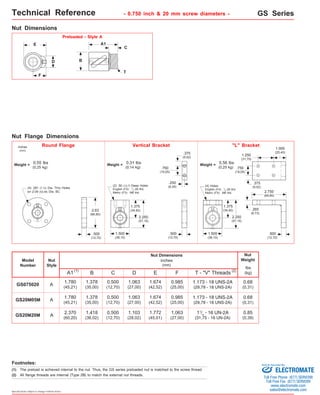 Technical Reference - 0.750 inch & 20 mm screw diameters - GS Series 
E 
inches 
(mm) 
(0,25 kg) Weight = 0.31 lbs 
(0,14 kg) Weight = 0.55 lbs 
(0,25 kg) 
(4) .281 (7,13) Dia. Thru Holes 
on 2.09 (53,08) Dia. BC 
Model 
Number 
Preloaded - Style A 
Round Flange Vertical Bracket "L" Bracket 
2.63 
(66,80) 
.500 
(12,70) 
1.500 
(38,10) 
.250 
(6,35) 
1.375 
(34,92) 
1.375 
(34,92) 
(1) T - "V" Threads 
D 
0.500 
(12,70) A 
F 
(1) 
Specifications subject to change without notice 
inches 
(mm) 
GS075020 
Nut 
Style 
A1 
Nut Dimensions 
1.780 
(45,21) 
B 
0.500 
(12,70) 
GS20M05M 1.780 
(45,21) 
0.500 
(12,70) 
A 
A 
GS20M20M 2.370 
(60,20) 
C 
1.378 
(35,00) 
1.378 
(35,00) 
D 
E 
1.674 
(42,52) 
1.674 
(42,52) 
1.772 
(45,01) 
1.063 
(27,00) 
1.063 
(27,00) 
F 
0.985 
(25,00) 
0.985 
(25,00) 
Nut 
Weight 
lbs 
(2) (kg) 
1.418 
(36,02) 
1.103 
(28,02) 
1.063 
(27,00) 
1.173 - 18 UNS-2A 
(29,79 - 18 UNS-2A) 
1.173 - 18 UNS-2A 
(29,79 - 18 UNS-2A) 
0.68 
(0,31) 
0.68 
(0,31) 
0.85 
(0,39) 
11/4 - 16 UN-2A 
(31,75 - 16 UN-2A) 
Nut Dimensions 
Nut Flange Dimensions 
A1 
C 
B 
T 
Footnotes: 
The preload is achieved internal to the nut. Thus, the GS series preloaded nut is matched to the screw thread. 
(2) All flange threads are internal (Type 2B) to match the external nut threads. 
.500 
(12,70) 
.375 
(9,52) 
1.500 
(38,10) 
.500 
(12,70) 
.750 
(19,05) 
1.000 
(25,40) 
1.250 
(31,75) 
2.750 
(69,85) 
.750 
(19,05) 
(4) Holes 
English (F4): 1/4-28 thd. 
Metric (F5): M6 thd. 
.265 
(6,73) 
(2) .50 (12,7) Deep Holes 
English (F2): 1/4-28 thd. 
Metric (F3): M6 thd. 
.375 
(9,52) 
2.250 
(57,15) 
2.250 
(57,15) 
Weight = 0.56 lbs 
Sold & Serviced By: 
ELECTROMATE 
Toll Free Phone (877) SERVO98 
Toll Free Fax (877) SERV099 
www.electromate.com 
sales@electromate.com 
 