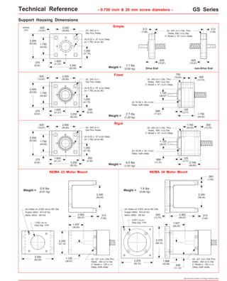 Technical Reference - 0.750 inch & 20 mm screw diameters - GS Series 
Weight = Drive End non-Drive End 
.500 
1.1 lbs 
(0,50 kg) 
(2) .343 (8,71) Dia. Thru 
Holes,.504 (12,8) Dia. 
C' Bored x .57 (14,47) Deep 
.625 
(15,87) 
(4) .343 (8,71) (12,70) 
Dia.Thru Holes 
(4) Holes on 3.875 (98,42) BC Dia. 
English (M04): #10-24 thd. 
Metric (M05): M5 thd. 2.562 
Specifications subject to change without notice 
Support Housing Dimensions 
.625 
(15,87) 
.625 
(15,87) 
1.750 
(44,45) 
inches 
(mm) 
Simple 
Fixed 
(4) .343 (8,71) Dia. Thru 
Holes, .504 (12,8) Dia. 
C' Bored x .57 (14,47) Deep 
.250 
(6,35) .688 
Weight = 
Rigid 
2.000 
(50,80) 
1.625 
(41,27) 3.250 
(82,55) 
(4) .343 (8,71) 
Dia.Thru Holes 
1.250 
(31,75) 
2.500 
(63,50) 
.375 
(9,52) 
(4) 8-32 x .37 (9,39) Deep 
on 1.750 (44,45) BC 
2.000 
(50,80) 
1.625 
(41,27) 3.250 
(82,55) 
1.250 
(31,75) 
2.500 
(63,50) 
.375 
(9,52) 
2.000 
(50,80) 
1.625 
(41,27) 3.250 
(82,55) 
1.250 
(31,75) 
1.750 
(44,45) 
.375 
(9,52) 
.750 
(19,05) 
.125 
(3,17) 1.750 
(44,45) 
2.500 
(63,50) 
.625 
(15,87) (4) .343 (8,71) 
Dia.Thru Holes 
1.750 
(44,45) 
2.750 
(69,85) 
.500 
(12,70) 
.125 
(3,17) 
1.125 
(28,57) 
(4) 8-32 x .37 (9,39) Deep 
on 1.750 (44,45) BC 
(4) 8-32 x .37 (9,39) Deep 
on 1.750 (44,45) BC 
.250 
(6,35) 
(17,47) 
.688 
(17,47) 
(2) 10-32 x .43 (10,92) 
Deep, both sides 
2.7 lbs 
(1,22 kg) 
(2) 10-32 x .43 (10,92) 
Deep, both sides 
4.0 lbs 
(1,81 kg) 
1.750 
(44,45) 
1.125 
(28,57) 
.313 
(7,95) 
(4) .343 (8,71) Dia. Thru 
Holes, .504 (12,8) Dia. 
C' Bored x .57 (14,47) Deep 
.625 
(15,87) 
.313 
(7,95) 
NEMA 23 Motor Mount 
(4) Holes on 2.625 (66,67) BC Dia. 
English (M02): #10-24 thd. 
Metric (M03): M5 thd. 
1.502 (38,15) 
Pilot Dia. TYP 
3.250 
(82,55) 
2.562 
(65,07) 
2.250 
(57,15) 
.313 
(7,95) 
Weight = 0.9 lbs 
(0,41 kg) 
1.125 
(28,57) 
(2) .221 (5,61) Dia.Thru 
Holes, .344 (8,73) Dia. 
C' Bored x .125 (3,17) 
Deep, both sides 
NEMA 34 Motor Mount 
Weight = 1.4 lbs 
(0,64 kg) 
3.375 
(85,72) 
3.375 
(85,72) 
1.688 
(42,88) 
(2) .221 (5,61) Dia.Thru 
Holes, .344 (8,73) Dia. 
C' Bored x .125 (3,17) 
Deep, both sides 
2.877 (73,07) 
Pilot Dia. TYP 
(65,07) 
.313 
(7,95) 
.500 
(12,70) 
.438 
(11,13) 
2.340 
(59,44) 
2.340 
(59,44) 
1.937 
(49,20) 1.437 
(36,50) 
.063 
(1,60) 
Weight = 
 