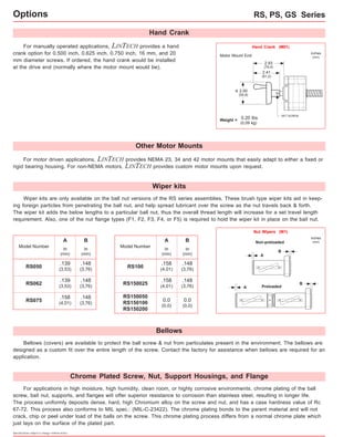 Hand Crank 
Options 
For manually operated applications, LINTECH provides a hand 
crank option for 0.500 inch, 0.625 inch, 0.750 inch, 16 mm, and 20 
mm diameter screws. If ordered, the hand crank would be installed 
at the drive end (normally where the motor mount would be). 
Wiper kits 
2.00 
(50,8) 
o 
Wiper kits are only available on the ball nut versions of the RS series assemblies. These brush type wiper kits aid in keep-ing 
foreign particles from penetrating the ball nut, and help spread lubricant over the screw as the nut travels back & forth. 
The wiper kit adds the below lengths to a particular ball nut, thus the overall thread length will increase for a set travel length 
requirement. Also, one of the nut flange types (F1, F2, F3, F4, or F5) is required to hold the wiper kit in place on the ball nut. 
inches 
(mm) 
Nut Wipers (W1) 
Non-preloaded 
B 
A 
Model Number 
A 
in 
(mm) 
.139 
(3,53) 
B 
in 
(mm) 
.148 
(3,76) 
RS050 
RS062 .139 
(3,53) 
.148 
(3,76) 
RS075 .158 
(4,01) 
.148 
(3,76) 
Model Number 
A 
in 
(mm) 
.158 
(4,01) 
B 
in 
(mm) 
.148 
(3,76) 
RS100 
RS150025 .158 
(4,01) 
.148 
(3,76) 
RS150050 
RS150100 
RS150200 
0.0 
(0,0) 
0.0 
(0,0) 
Preloaded 
B 
A 
Bellows (covers) are available to protect the ball screw & nut from particulates present in the environment. The bellows are 
designed as a custom fit over the entire length of the screw. Contact the factory for assistance when bellows are required for an 
application. 
Specifications subject to change without notice 
RS, PS, GS Series 
Other Motor Mounts 
Motor Mount End 
For motor driven applications, LINTECH provides NEMA 23, 34 and 42 motor mounts that easily adapt to either a fixed or 
rigid bearing housing. For non-NEMA motors, LINTECH provides custom motor mounts upon request. 
SET SCREW 
2.93 
(74,4) 
inches 
(mm) 
Hand Crank (M01) 
2.41 
(61,2) 
Weight = 0.20 lbs 
(0,09 kg) 
Bellows 
Chrome Plated Screw, Nut, Support Housings, and Flange 
For applications in high moisture, high humidity, clean room, or highly corrosive environments, chrome plating of the ball 
screw, ball nut, supports, and flanges will offer superior resistance to corrosion than stainless steel, resulting in longer life. 
The process uniformly deposits dense, hard, high Chromium alloy on the screw and nut, and has a case hardness value of Rc 
67-72. This process also conforms to MIL spec.: (MIL-C-23422). The chrome plating bonds to the parent material and will not 
crack, chip or peel under load of the balls on the screw. This chrome plating process differs from a normal chrome plate which 
just lays on the surface of the plated part. 
 