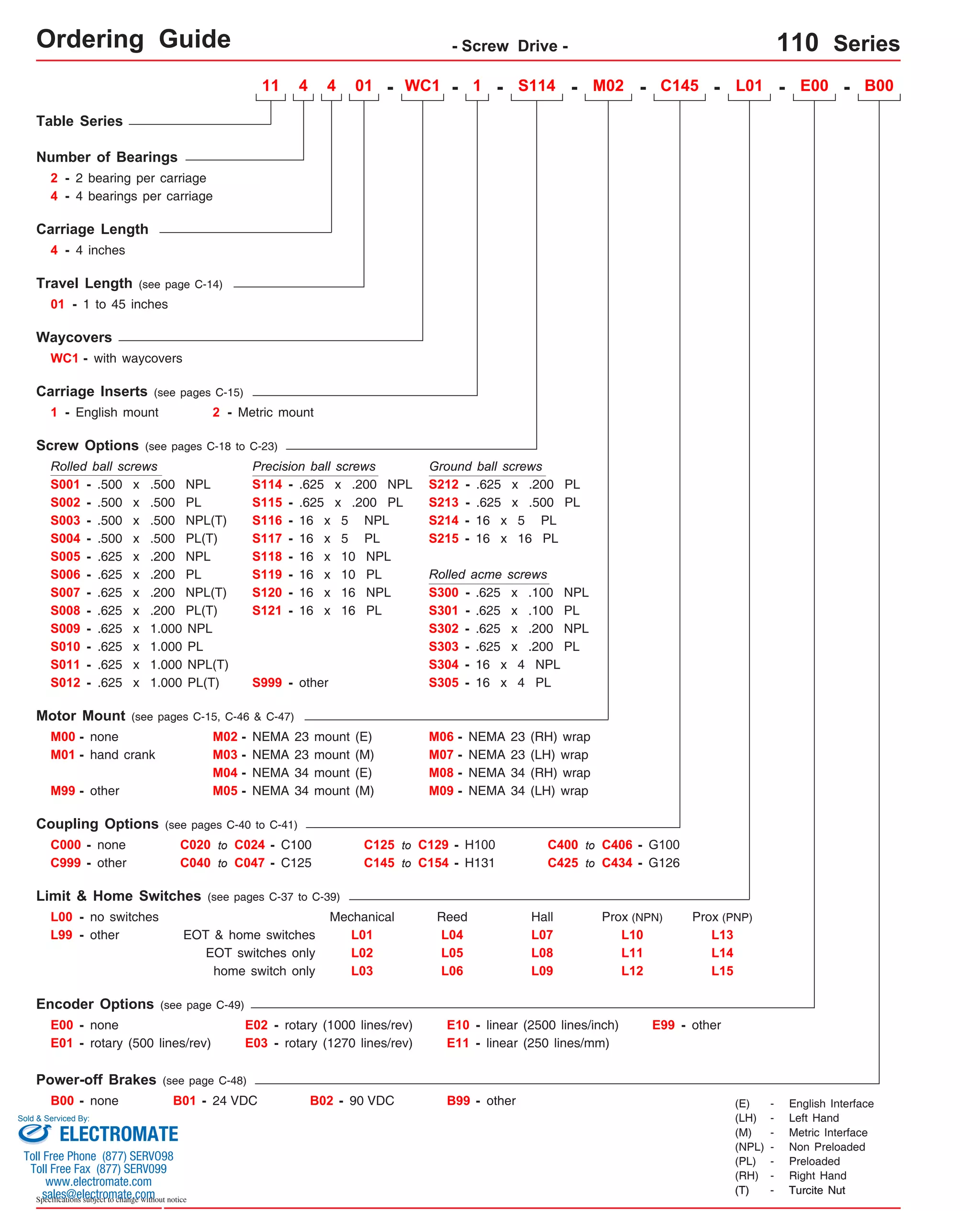 Ordering Guide - Screw Drive - 110 Series 
110 Series Ordering 
Guide 
2 - 2 bearing per carriage 
4 - 4 bearings per carriage 
4 - 4 inches 
01 - 1 to 45 inches 
WC1 - with waycovers 
Rolled ball screws 
S001 - 
S002 - 
.500 x .500 NPL 
.500 x .500 PL 
S004 - .500 x .500 PL(T) 
S007 - .625 x .200 NPL(T) 
S008 - .625 x .200 PL(T) 
other 
11 4 4 01 - WC1 - 1 - - M02 - C145 - L01 - E00 - B00 
Precision ball screws 
- .625 x .200 NPL 
- 
- 
- 
- 
- 
S114 
S115 
S116 
S119 
S999 - other 
M03 - NEMA 23 mount (M) 
Coupling Options (see pages C-40 to C-41) 
C000 - none 
C020 to C024 - C100 
C040 to C047 - C125 
EOT & home switches 
E00 - none 
E01 - rotary (500 lines/rev) 
Sold & Serviced By: 
Specifications subject to change without notice 
Prox (PNP) 
(T) - Turcite Nut 
Table Series 
Number of Bearings 
Carriage Length 
Travel Length (see page C-14) 
Waycovers 
Screw Options (see pages C-18 to C-23) 
.625 x .200 PL 
16 x 5 NPL 
16 x 5 PL 
16 x 10 NPL 
16 x 10 PL 
Limit & Home Switches (see pages C-37 to C-39) 
Encoder Options (see page C-49) 
Ground ball screws 
S213 - .625 x .500 PL 
Rolled acme screws 
S301 - 
M06 - NEMA 23 (RH) wrap 
M08 - NEMA 34 (RH) wrap 
C125 to C129 - H100 
C145 to C154 - H131 
E02 - rotary (1000 lines/rev) 
E03 - rotary (1270 lines/rev) 
Power-off Brakes (see page C-48) 
Prox (NPN) 
E10 - linear (2500 lines/inch) E99 - other 
B00 - none B01 - 24 VDC B02 - 90 VDC B99 - other 
C400 to C406 - G100 
C999 - other C425 to C434 - G126 
EOT switches only 
L00 - no switches 
home switch only 
Mechanical Reed Hall 
L01 
L02 
L03 
L04 
L05 
L06 
L07 
L08 
L09 
L10 
L11 
L12 
L99 - other 
E11 - linear (250 lines/mm) 
Carriage Inserts (see pages C-15) 
1 - English mount 2 - Metric mount 
S003 - .500 x .500 NPL(T) 
- .625 x .200 PL 
- 
- 
16 x 5 PL 
16 x 16 PL 
.625 x .100 NPL 
.625 x .100 PL 
.625 x .200 NPL 
.625 x .200 PL 
- 
- 
16 x 16 NPL 
16 x 16 PL 
Motor Mount (see pages C-15, C-46 & C-47) 
M00 - none 
M01 - hand crank 
M02 - NEMA 23 mount (E) 
M04 - NEMA 34 mount (E) 
M07 - 
M09 - 
NEMA 23 (LH) wrap 
M99 - M05 - NEMA 34 mount (M) 
NEMA 34 (LH) wrap 
(E) - English Interface 
(LH) - Left Hand 
(M) - Metric Interface 
(NPL) - Non Preloaded 
(PL) - Preloaded 
(RH) - Right Hand 
S117 
S118 
S120 
S121 
S212 
S214 
S215 
- 
- 
- 
S300 
S302 
S303 
16 x 4 NPL 
16 x 4 PL 
- 
- 
S304 
S305 
S114 
L13 
L14 
L15 
S005 - .625 x .200 NPL 
S006 - 
S009 - 
S010 - 
.625 x .200 PL 
.625 x 1.000 NPL 
.625 x 1.000 PL 
S011 - .625 x 1.000 NPL(T) 
S012 - .625 x 1.000 PL(T) 
ELECTROMATE 
Toll Free Phone (877) SERVO98 
Toll Free Fax (877) SERV099 
www.electromate.com 
sales@electromate.com 
 