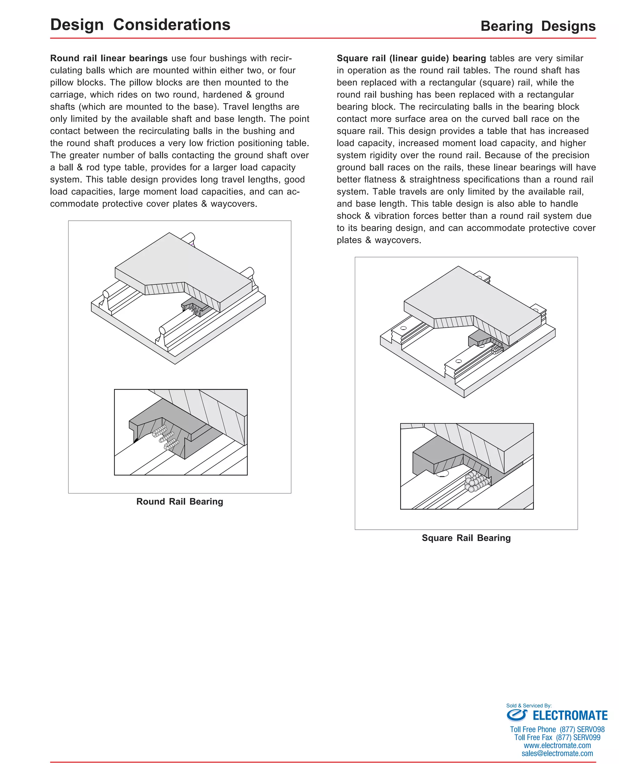 Round rail linear bearings use four bushings with recir-culating 
balls which are mounted within either two, or four 
pillow blocks. The pillow blocks are then mounted to the 
carriage, which rides on two round, hardened & ground 
shafts (which are mounted to the base). Travel lengths are 
only limited by the available shaft and base length. The point 
contact between the recirculating balls in the bushing and 
the round shaft produces a very low friction positioning table. 
The greater number of balls contacting the ground shaft over 
a ball & rod type table, provides for a larger load capacity 
system. This table design provides long travel lengths, good 
load capacities, large moment load capacities, and can ac-commodate 
protective cover plates & waycovers. 
Bearing Designs 
Round Rail Bearing 
Square rail (linear guide) bearing tables are very similar 
in operation as the round rail tables. The round shaft has 
been replaced with a rectangular (square) rail, while the 
round rail bushing has been replaced with a rectangular 
bearing block. The recirculating balls in the bearing block 
contact more surface area on the curved ball race on the 
square rail. This design provides a table that has increased 
load capacity, increased moment load capacity, and higher 
system rigidity over the round rail. Because of the precision 
ground ball races on the rails, these linear bearings will have 
better flatness & straightness specifications than a round rail 
system. Table travels are only limited by the available rail, 
and base length. This table design is also able to handle 
shock & vibration forces better than a round rail system due 
to its bearing design, and can accommodate protective cover 
plates & waycovers. 
Square Rail Bearing 
Design Considerations 
Sold & Serviced By: 
ELECTROMATE 
Toll Free Phone (877) SERVO98 
Toll Free Fax (877) SERV099 
www.electromate.com 
sales@electromate.com 
 