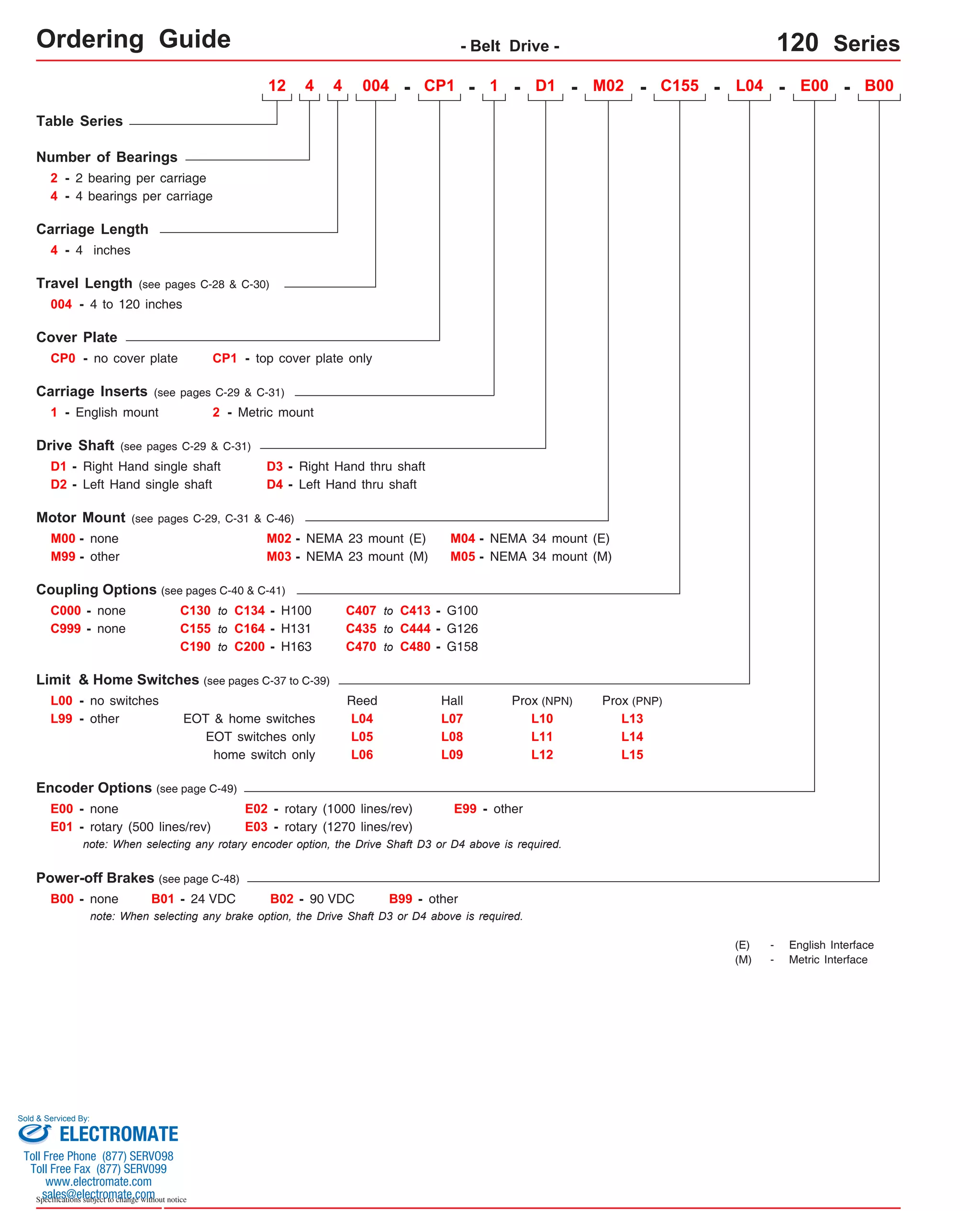 Ordering Guide - Belt Drive - 120 Series 
120 Series Ordering 
Table Series 
Carriage Length 
4 - 4 inches 
Travel Length (see pages C-28 & C-30) 
004 - 4 to 120 inches 
Drive Shaft (see pages C-29 & C-31) 
D1 - Right Hand single shaft 
D3 - Right Hand thru shaft 
D2 
- 
Motor Mount (see pages C-29, C-31 & C-46) 
M00 - none M02 - 
M99 - other 
Coupling Options (see pages C-40 & C-41) 
C000 - none 
C999 - none 
L00 - no switches 
C130 to C134 - H100 
C155 to C164 - H131 
EOT & home switches 
E00 - none 
E01 - rotary (500 lines/rev) 
E02 - rotary (1000 lines/rev) 
E03 - rotary (1270 lines/rev) 
- D1 - M02 - C155 - L04 - E00 - B00 
M04 - 
NEMA 34 mount (E) 
M05 - NEMA 34 mount (M) 
Prox (NPN) 
E99 - other 
B00 - none B01 - 24 VDC B02 - 90 VDC B99 - other 
Sold & Serviced By: 
Specifications subject to change without notice 
NEMA 23 mount (E) 
M03 - NEMA 23 mount (M) 
Limit & Home Switches (see pages C-37 to C-39) 
Encoder Options (see page C-49) 
Power-off Brakes (see page C-48) 
C407 to C413 - G100 
C435 to C444 - G126 
C470 to C480 - G158 
L99 - other 
note: When selecting any rotary encoder option, the Drive Shaft D3 or D4 above is required. 
note: When selecting any brake option, the Drive Shaft D3 or D4 above is required. 
(E) - English Interface 
(M) - Metric Interface 
Left Hand single shaft D4 - 
Left Hand thru shaft 
EOT switches only 
home switch only 
Reed Hall 
L04 
L07 
L05 
L08 
L06 
L09 
L10 
L11 
L12 
Prox (PNP) 
L13 
L14 
L15 
12 4 4 - CP1 - 1 
Number of Bearings 
2 - 2 bearing per carriage 
4 - 4 bearings per carriage 
004 
Cover Plate 
CP0 - no cover plate CP1 - top cover plate only 
Carriage Inserts (see pages C-29 & C-31) 
1 - English mount 2 - Metric mount 
C190 to C200 - H163 
Guide 
ELECTROMATE 
Toll Free Phone (877) SERVO98 
Toll Free Fax (877) SERV099 
www.electromate.com 
sales@electromate.com 
 