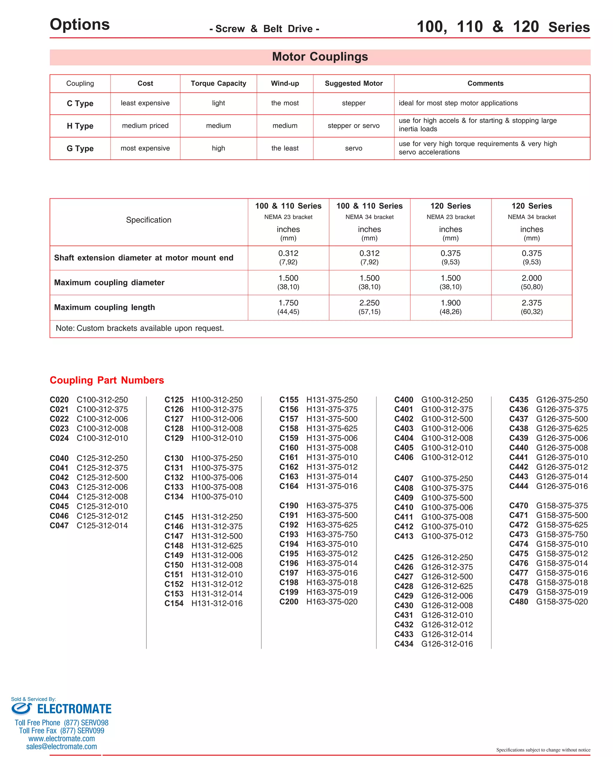 Options - Screw & Belt Drive - 100, 110 & 120 Series 
C Type least expensive light the most stepper ideal for most step motor applications 
NEMA 34 bracket 
inches 
(mm) 
0.375 
(9,53) 
Specifications subject to change without notice 
NEMA 23 bracket 
inches 
(mm) 
0.375 
(9,53) 
G100-312-250 
G100-312-375 
G100-312-500 
G100-312-006 
G100-312-008 
G100-312-010 
G100-312-012 
C400 
C401 
C402 
C403 
C404 
C405 
C406 
G126-312-250 
G126-312-375 
G126-312-500 
G126-312-625 
G126-312-006 
G126-312-008 
G126-312-010 
G126-312-012 
G126-312-014 
G126-312-016 
C425 
C426 
C427 
C428 
C429 
C430 
C431 
C432 
C433 
C434 
H Type medium priced medium medium stepper or servo 
C100-312-250 
C100-312-375 
C100-312-006 
C100-312-008 
C100-312-010 
C020 
C021 
C022 
C023 
C024 
C125-312-250 
C125-312-375 
C125-312-500 
C125-312-006 
C125-312-008 
C125-312-010 
C125-312-012 
C125-312-014 
C040 
C041 
C042 
C043 
C044 
C045 
C046 
C047 
H100-312-250 
H100-312-375 
H100-312-006 
H100-312-008 
H100-312-010 
C125 
C126 
C127 
C128 
C129 
H131-312-250 
H131-312-375 
H131-312-500 
H131-312-625 
H131-312-006 
H131-312-008 
H131-312-010 
H131-312-012 
H131-312-014 
H131-312-016 
C145 
C146 
C147 
C148 
C149 
C150 
C151 
C152 
C153 
C154 
Coupling Part Numbers 
Motor Couplings 
H100-375-250 
H100-375-375 
H100-375-006 
H100-375-008 
H100-375-010 
C130 
C131 
C132 
C133 
C134 
NEMA 23 bracket 
NEMA 34 bracket 
H163-375-375 
H163-375-500 
H163-375-625 
H163-375-750 
H163-375-010 
H163-375-012 
H163-375-014 
H163-375-016 
H163-375-018 
H163-375-019 
H163-375-020 
C190 
C191 
C192 
C193 
C194 
C195 
C196 
C197 
C198 
C199 
C200 
C407 
C408 
C409 
C410 
C411 
C412 
C413 
G100-375-250 
G100-375-375 
G100-375-500 
G100-375-006 
G100-375-008 
G100-375-010 
G100-375-012 
C435 
C436 
C437 
C438 
C439 
C440 
C441 
C442 
C443 
C444 
G126-375-250 
G126-375-375 
G126-375-500 
G126-375-625 
G126-375-006 
G126-375-008 
G126-375-010 
G126-375-012 
G126-375-014 
G126-375-016 
C470 
C471 
C472 
C473 
C474 
C475 
C476 
C477 
C478 
C479 
C480 
G158-375-375 
G158-375-500 
G158-375-625 
G158-375-750 
G158-375-010 
G158-375-012 
G158-375-014 
G158-375-016 
G158-375-018 
G158-375-019 
G158-375-020 
H131-375-250 
H131-375-375 
H131-375-500 
H131-375-625 
H131-375-006 
H131-375-008 
H131-375-010 
H131-375-012 
H131-375-014 
H131-375-016 
C155 
C156 
C157 
C158 
C159 
C160 
C161 
C162 
C163 
C164 
Shaft extension diameter at motor mount end 
Maximum coupling diameter 
Maximum coupling length 
Note: Custom brackets available upon request. 
100 & 110 Series 
1.500 
(38,10) 
1.750 
(44,45) 
Specification 
inches 
(mm) 
0.312 
(7,92) 
100 & 110 Series 
inches 
(mm) 
0.312 
(7,92) 
1.500 
(38,10) 
2.250 
(57,15) 
120 Series 
1.500 
(38,10) 
1.900 
(48,26) 
120 Series 
2.000 
(50,80) 
2.375 
(60,32) 
Coupling Cost Torque Capacity Wind-up Suggested Motor Comments 
use for high accels & for starting & stopping large 
inertia loads 
use for very high torque requirements & very high 
servo accelerations 
G Type most expensive high the least servo 
Sold & Serviced By: 
ELECTROMATE 
Toll Free Phone (877) SERVO98 
Toll Free Fax (877) SERV099 
www.electromate.com 
sales@electromate.com 
 