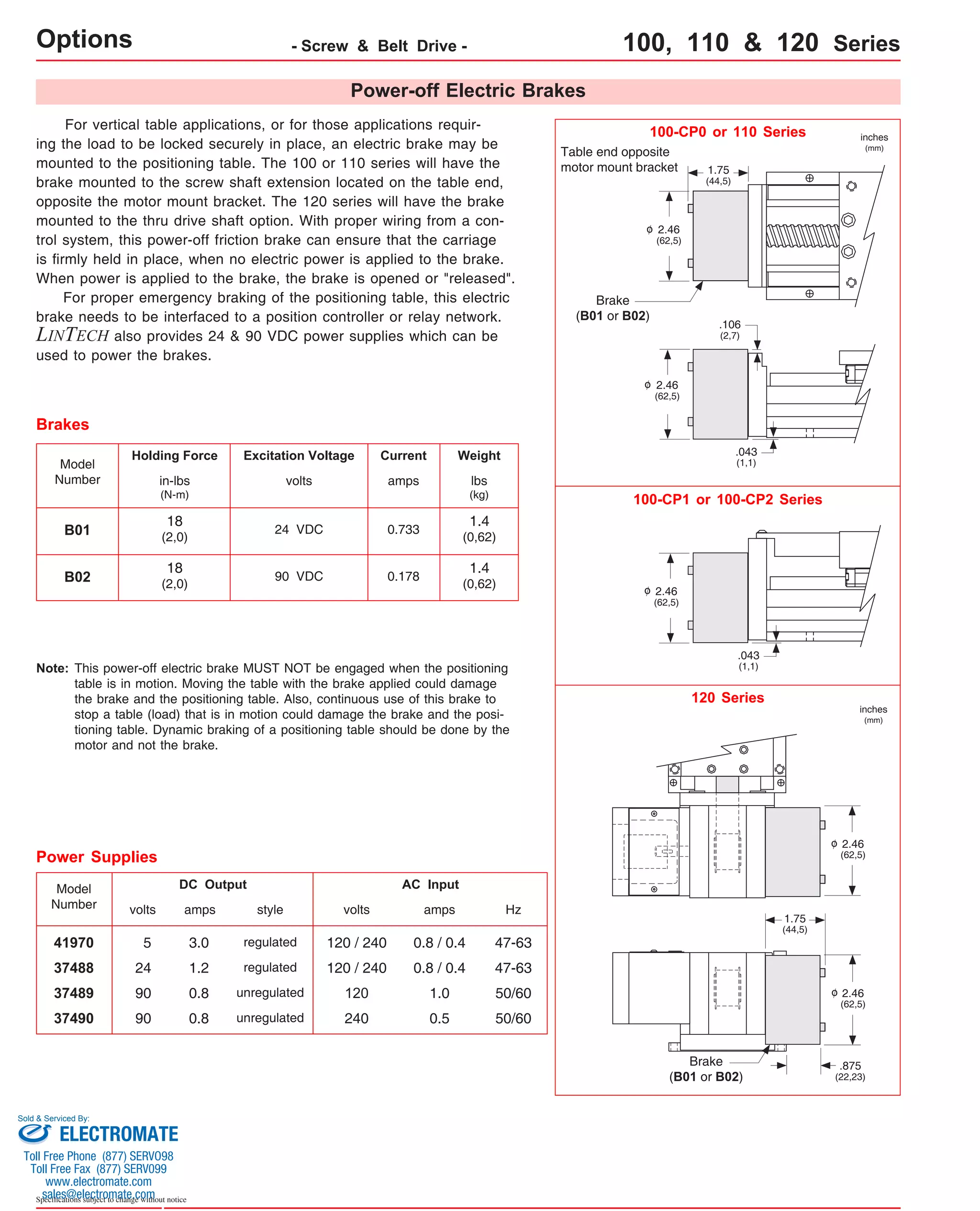 Options - Screw & Belt Drive - 100, 110 & 120 Series 
For vertical table applications, or for those applications requir-ing 
the load to be locked securely in place, an electric brake may be 
mounted to the positioning table. The 100 or 110 series will have the 
brake mounted to the screw shaft extension located on the table end, 
opposite the motor mount bracket. The 120 series will have the brake 
mounted to the thru drive shaft option. With proper wiring from a con-trol 
system, this power-off friction brake can ensure that the carriage 
is firmly held in place, when no electric power is applied to the brake. 
When power is applied to the brake, the brake is opened or "released". 
For proper emergency braking of the positioning table, this electric 
brake needs to be interfaced to a position controller or relay network. 
LINTECH also provides 24 & 90 VDC power supplies which can be 
used to power the brakes. 
41970 5 3.0 120 / 240 0.8 / 0.4 47-63 
Sold & Serviced By: 
Specifications subject to change without notice 
100-CP0 or 110 Series 
Table end opposite 
motor mount bracket 
Brake 
(B01 or B02) 
24 VDC 
Model 
Number 
B01 
Holding Force Excitation Voltage 
volts 
Current 
amps 
0.733 
Weight 
Brakes 
100-CP1 or 100-CP2 Series 
lbs 
(kg) 
in-lbs 
(N-m) 
1.4 
(0,62) 
18 
(2,0) 
2.46 
(62,5) 
1.75 
(44,5) 
2.46 
(62,5) 
2.46 
(62,5) 
B02 90 VDC 0.178 1.4 
(0,62) 
18 
(2,0) 
inches 
(mm) 
.106 
(2,7) 
.043 
(1,1) 
.043 
This power-off electric brake MUST NOT be engaged when the positioning (1,1) 
table is in motion. Moving the table with the brake applied could damage 
the brake and the positioning table. Also, continuous use of this brake to 
stop a table (load) that is in motion could damage the brake and the posi-tioning 
table. Dynamic braking of a positioning table should be done by the 
motor and not the brake. 
Note: 
Power-off Electric Brakes 
o 
o 
o 
Model 
Number 
37488 
37489 
24 
90 
37490 90 
DC Output 
volts amps 
1.2 
0.8 
0.8 
AC Input 
volts 
120 / 240 
amps 
120 
240 
0.8 / 0.4 
1.0 
0.5 
Power Supplies 
Hz 
47-63 
50/60 
50/60 
style 
regulated 
regulated 
unregulated 
unregulated 
2.46 
(62,5) 
o 
2.46 
(62,5) 
o 
1.75 
(44,5) 
120 Series 
inches 
(mm) 
.875 
(22,23) 
Brake 
(B01 or B02) 
ELECTROMATE 
Toll Free Phone (877) SERVO98 
Toll Free Fax (877) SERV099 
www.electromate.com 
sales@electromate.com 
 