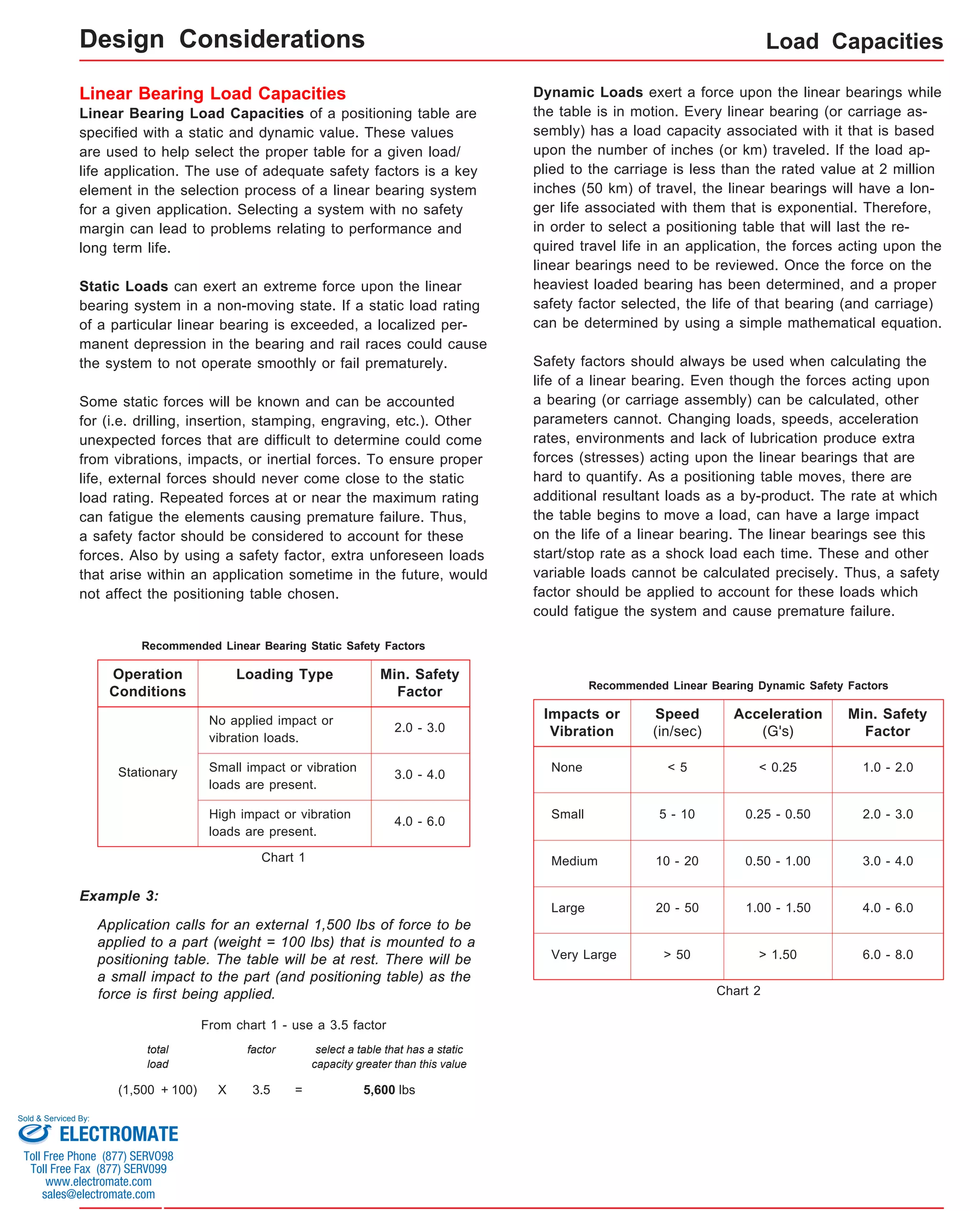 Linear Bearing Load Capacities of a positioning table are 
specified with a static and dynamic value. These values 
are used to help select the proper table for a given load/ 
life application. The use of adequate safety factors is a key 
element in the selection process of a linear bearing system 
for a given application. Selecting a system with no safety 
margin can lead to problems relating to performance and 
long term life. 
Static Loads can exert an extreme force upon the linear 
bearing system in a non-moving state. If a static load rating 
of a particular linear bearing is exceeded, a localized per-manent 
depression in the bearing and rail races could cause 
the system to not operate smoothly or fail prematurely. 
Some static forces will be known and can be accounted 
for (i.e. drilling, insertion, stamping, engraving, etc.). Other 
unexpected forces that are difficult to determine could come 
from vibrations, impacts, or inertial forces. To ensure proper 
life, external forces should never come close to the static 
load rating. Repeated forces at or near the maximum rating 
can fatigue the elements causing premature failure. Thus, 
a safety factor should be considered to account for these 
forces. Also by using a safety factor, extra unforeseen loads 
that arise within an application sometime in the future, would 
not affect the positioning table chosen. 
Recommended Linear Bearing Static Safety Factors 
Operation 
Conditions 
Stationary 
Loading Type Min. Safety 
Factor 
No applied impact or 
vibration loads. 
2.0 - 3.0 
Small impact or vibration 3.0 - 4.0 
loads are present. 
High impact or vibration 4.0 - 6.0 
loads are present. 
Application calls for an external 1,500 lbs of force to be 
applied to a part (weight = 100 lbs) that is mounted to a 
positioning table. The table will be at rest. There will be 
a small impact to the part (and positioning table) as the 
force is first being applied. 
From chart 1 - use a 3.5 factor 
total 
load 
factor select a table that has a static 
capacity greater than this value 
(1,500 X 3.5 = 5,600 lbs 
Load Capacities 
Dynamic Loads exert a force upon the linear bearings while 
the table is in motion. Every linear bearing (or carriage as-sembly) 
has a load capacity associated with it that is based 
upon the number of inches (or km) traveled. If the load ap-plied 
to the carriage is less than the rated value at 2 million 
inches (50 km) of travel, the linear bearings will have a lon-ger 
life associated with them that is exponential. Therefore, 
in order to select a positioning table that will last the re-quired 
travel life in an application, the forces acting upon the 
linear bearings need to be reviewed. Once the force on the 
heaviest loaded bearing has been determined, and a proper 
safety factor selected, the life of that bearing (and carriage) 
can be determined by using a simple mathematical equation. 
Safety factors should always be used when calculating the 
life of a linear bearing. Even though the forces acting upon 
a bearing (or carriage assembly) can be calculated, other 
parameters cannot. Changing loads, speeds, acceleration 
rates, environments and lack of lubrication produce extra 
forces (stresses) acting upon the linear bearings that are 
hard to quantify. As a positioning table moves, there are 
additional resultant loads as a by-product. The rate at which 
the table begins to move a load, can have a large impact 
on the life of a linear bearing. The linear bearings see this 
start/stop rate as a shock load each time. These and other 
variable loads cannot be calculated precisely. Thus, a safety 
factor should be applied to account for these loads which 
could fatigue the system and cause premature failure. 
Linear Bearing Load Capacities 
Example 3: 
+ 100) 
Recommended Linear Bearing Dynamic Safety Factors 
Impacts or 
Vibration 
None 
Small 
Speed 
(in/sec) 
Min. Safety 
Factor 
< 5 1.0 - 2.0 
5 - 10 2.0 - 3.0 
10 - 20 
Acceleration 
(G's) 
< 0.25 
0.25 - 0.50 
0.50 - 1.00 3.0 - 4.0 
4.0 - 6.0 
Medium 
Large 
20 - 50 1.00 - 1.50 
Very Large > 50 > 1.50 6.0 - 8.0 
Chart 1 
Chart 2 
Design Considerations 
Sold & Serviced By: 
ELECTROMATE 
Toll Free Phone (877) SERVO98 
Toll Free Fax (877) SERV099 
www.electromate.com 
sales@electromate.com 
 